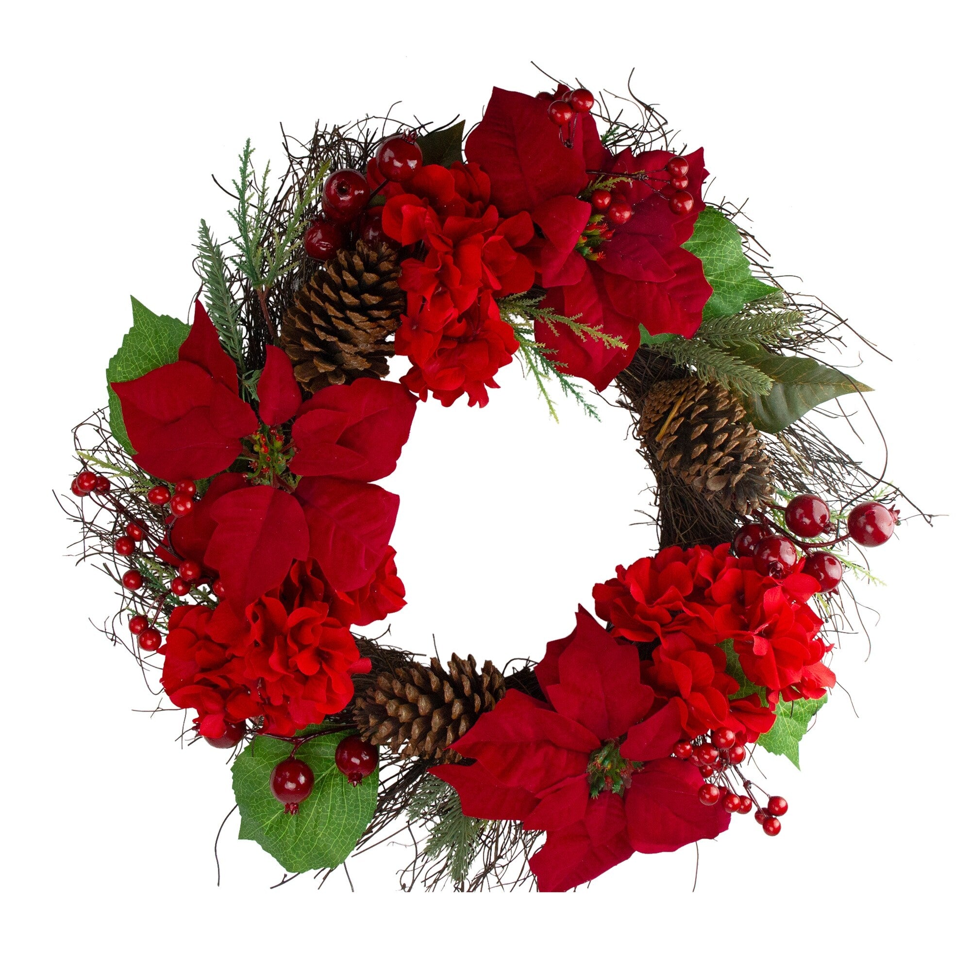 Red Poinsettia And Hydrangea Flowers With Berries Grapevine Christmas Wreath 24 Inch Unlit
