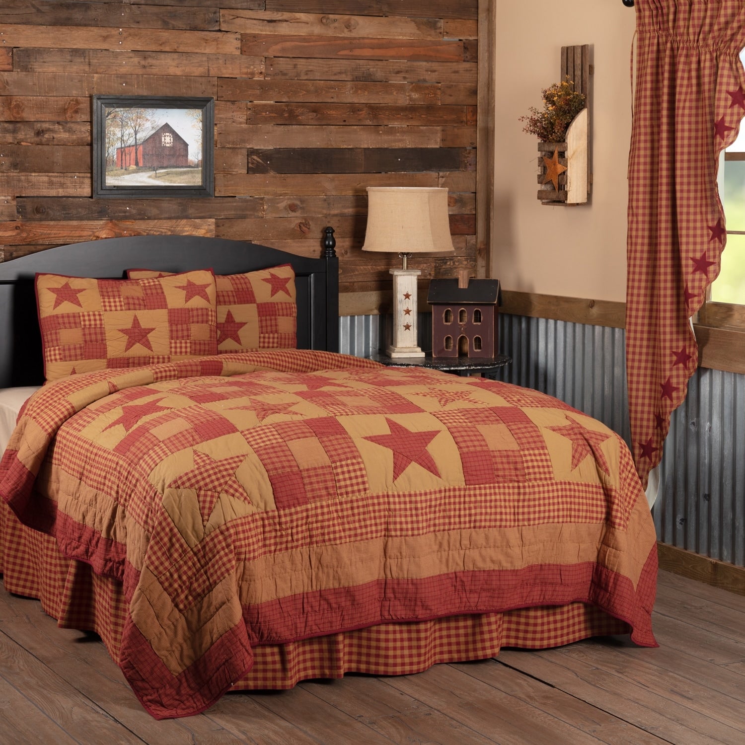 Red Primitive Bedding Cody Burgundy Star Quilt Set Cotton Star Patchwork Quilt Sham