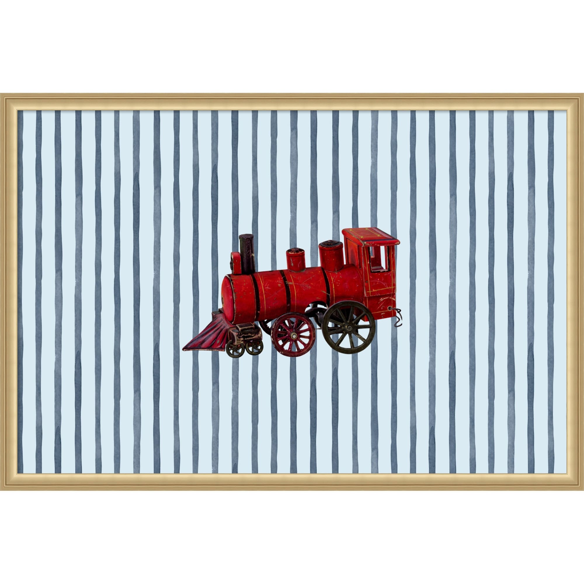 Red Steam Train Blue Stripes By Wild Violets Framed Mounted Canvas Wall Art Print