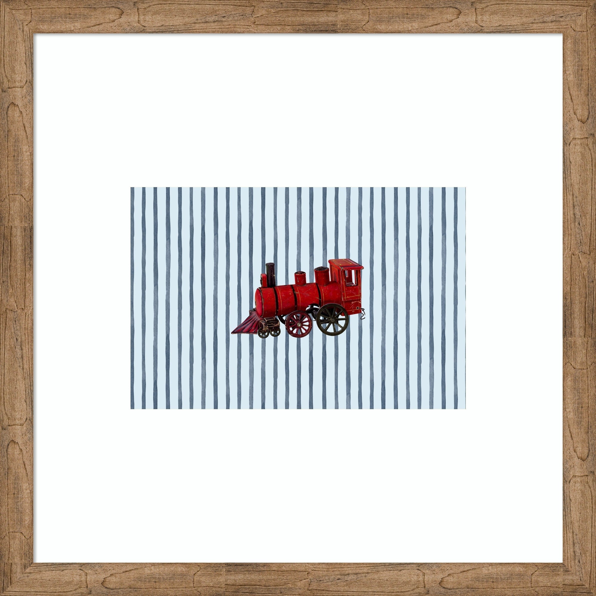 Red Steam Train Blue Stripes By Wild Violets Wood Framed Wall Art Print