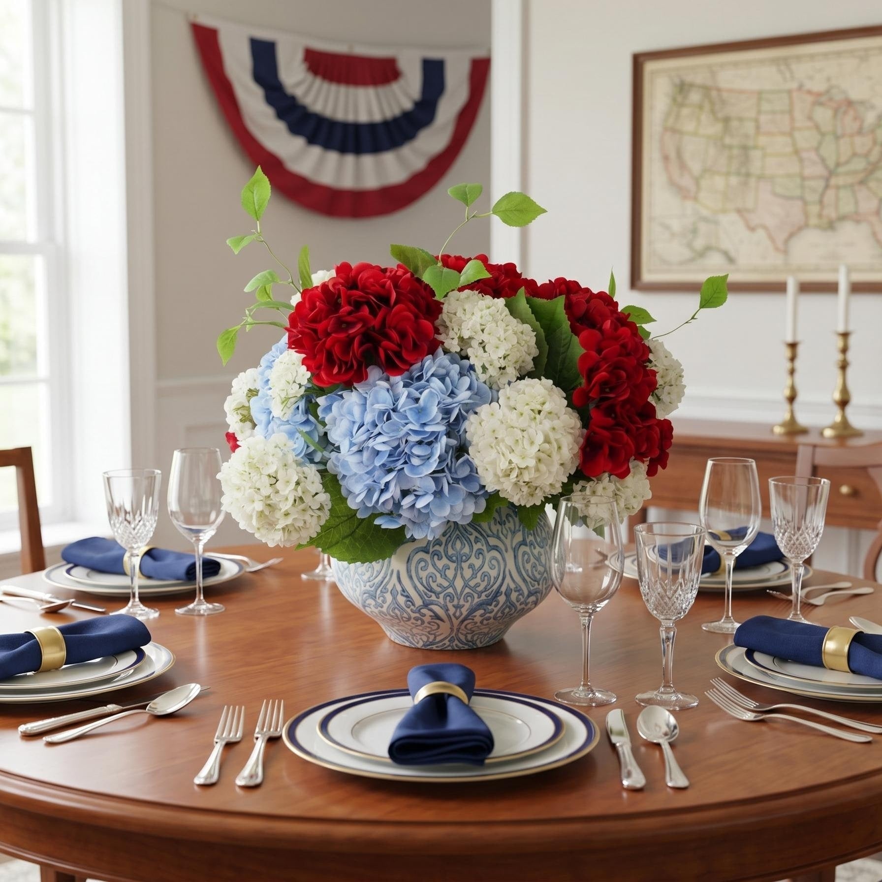 Red White And Blue Hydrangea Arrangement In Ceramic Vase