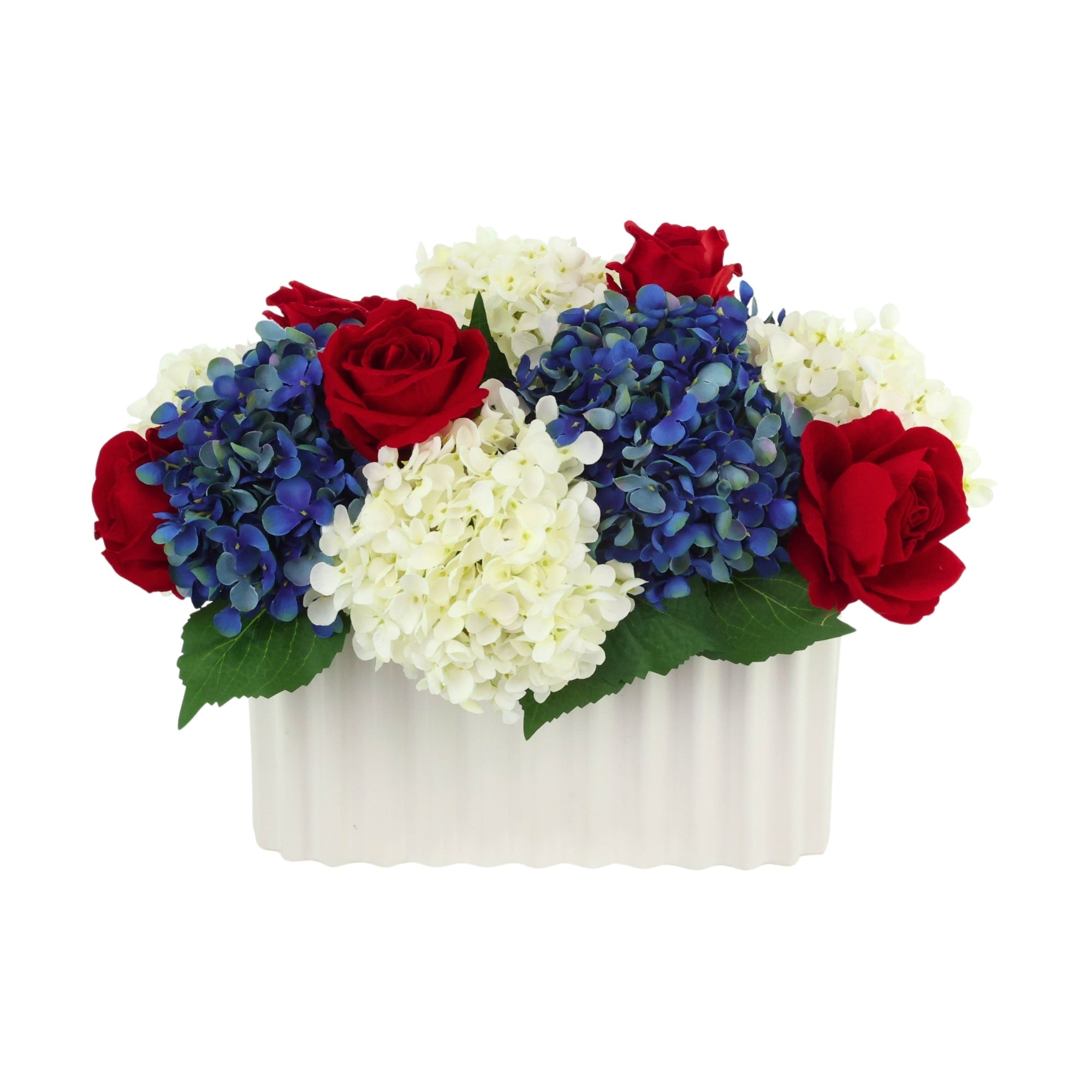 Red White And Blue Hydrangea And Rose Arrangement In Pleated Vase