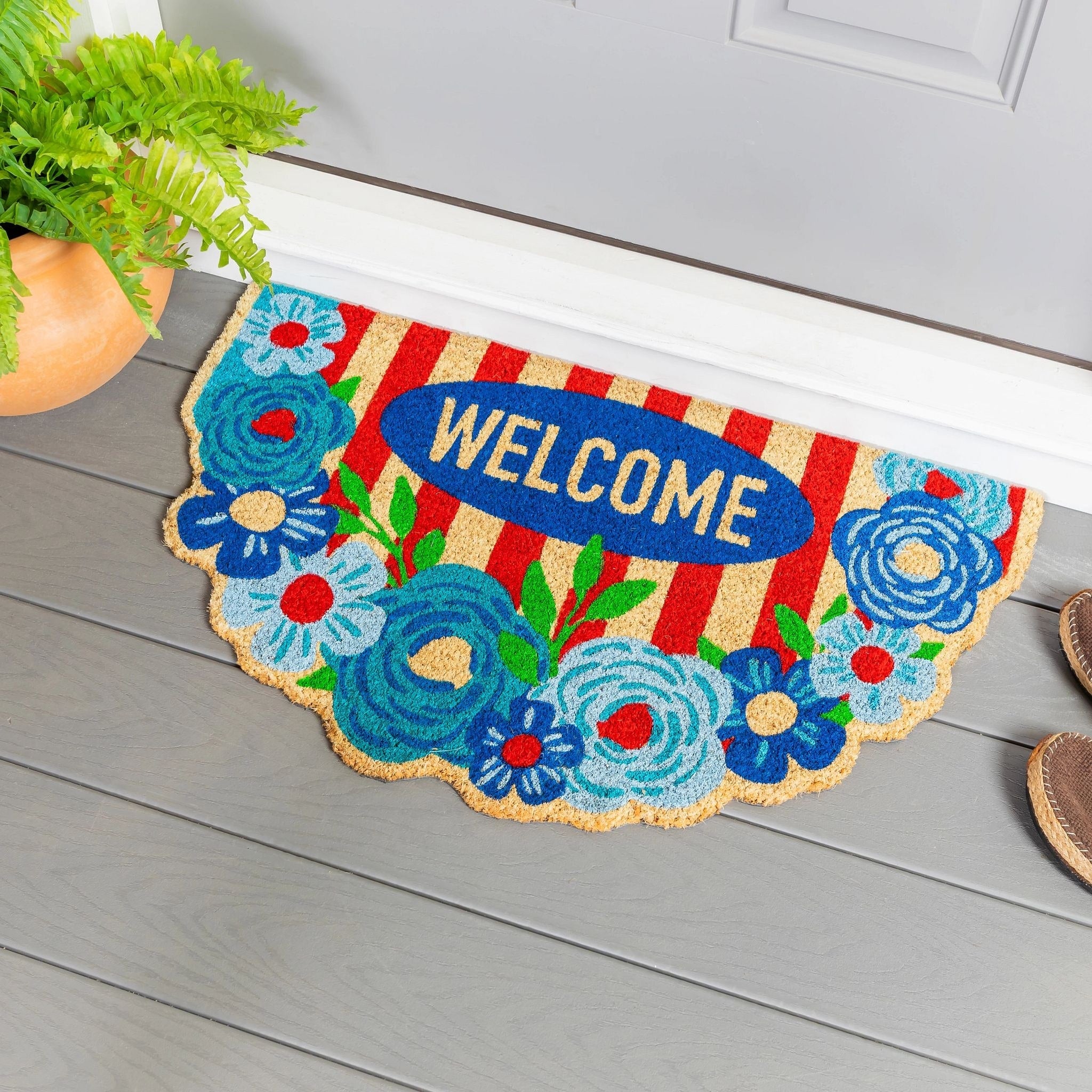 Red White Bloom Floral Welcome Shaped Coir Door Mat 30 X 18 30 X 18