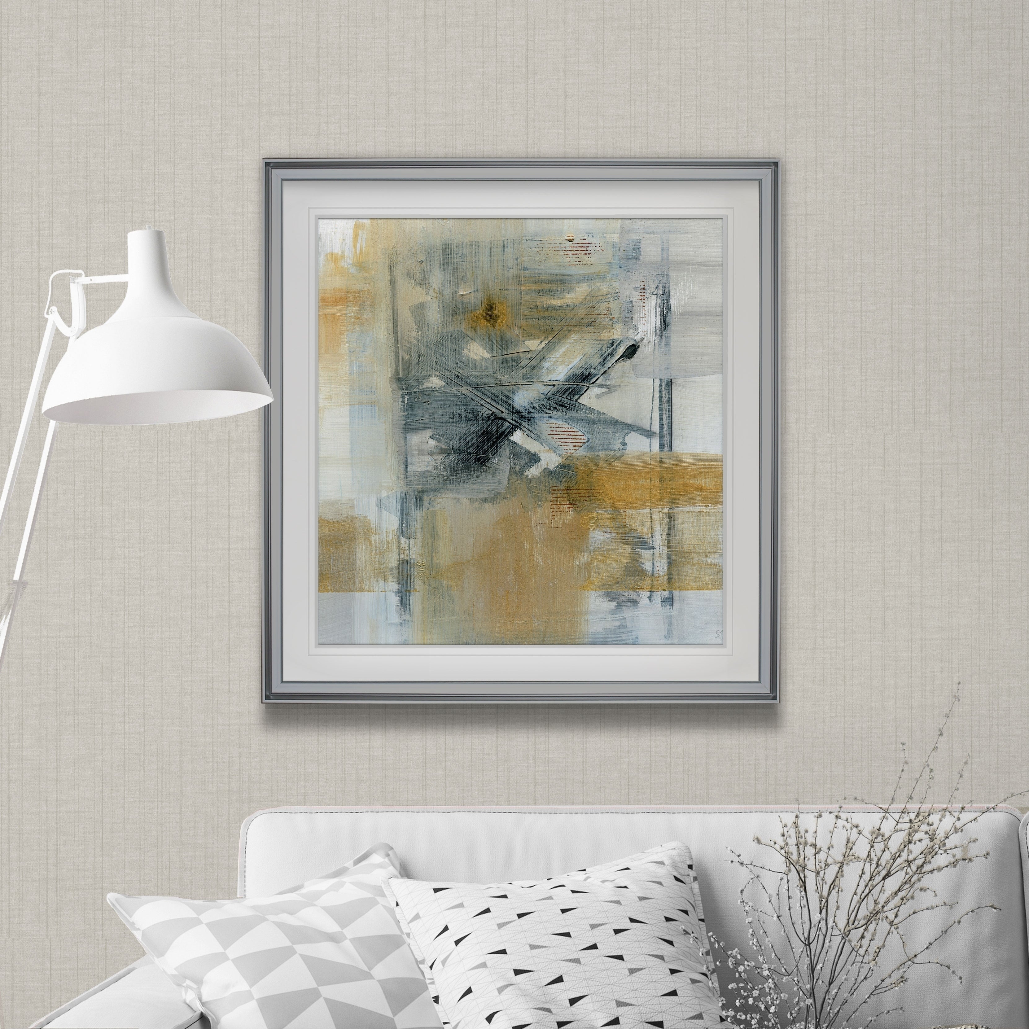 Reflections I Custom Framed Print Blue White Grey Yellow Green Silver Gold