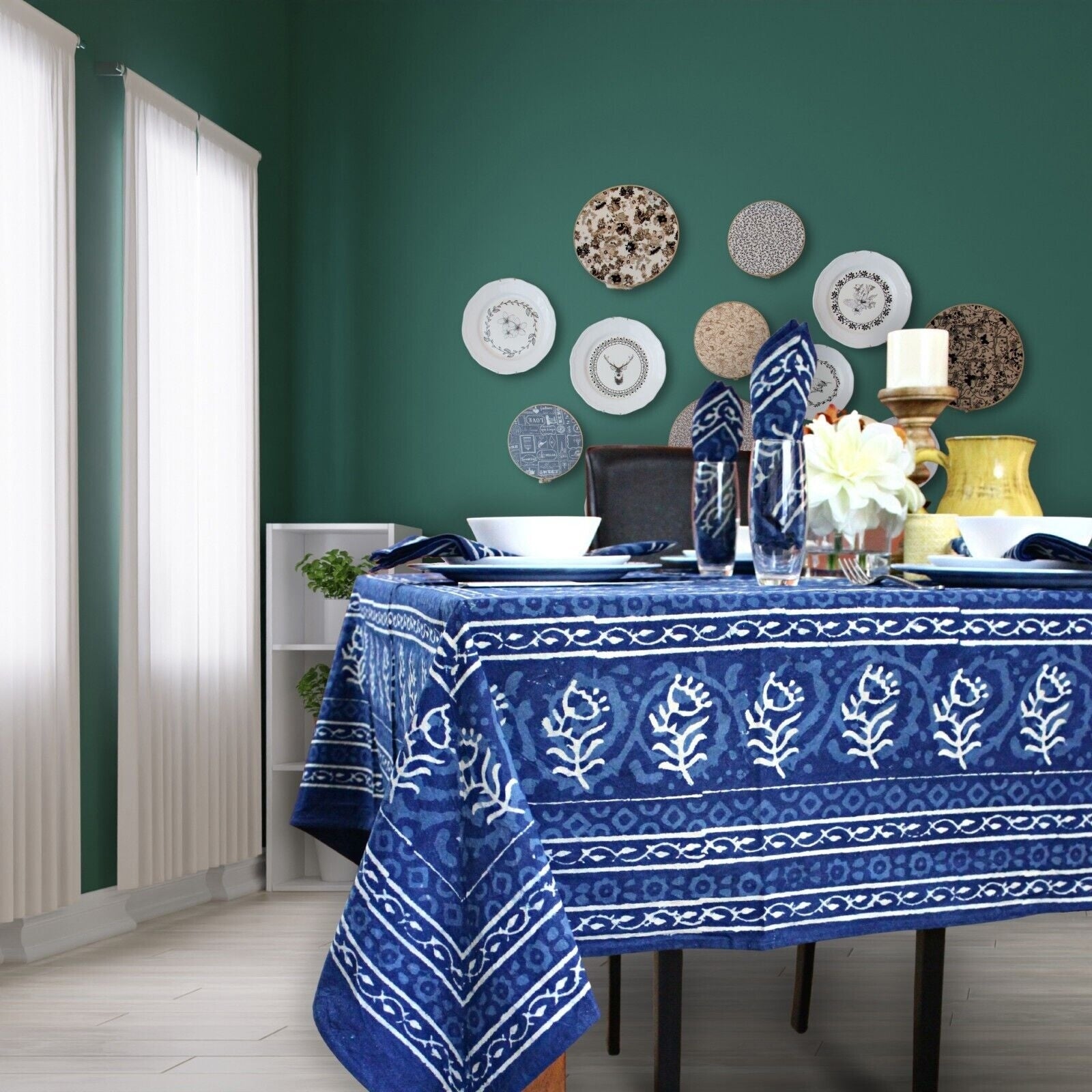 Cotton Dabu Block Print Floral Tablecloth Rectangular Square Round Indigo Blue