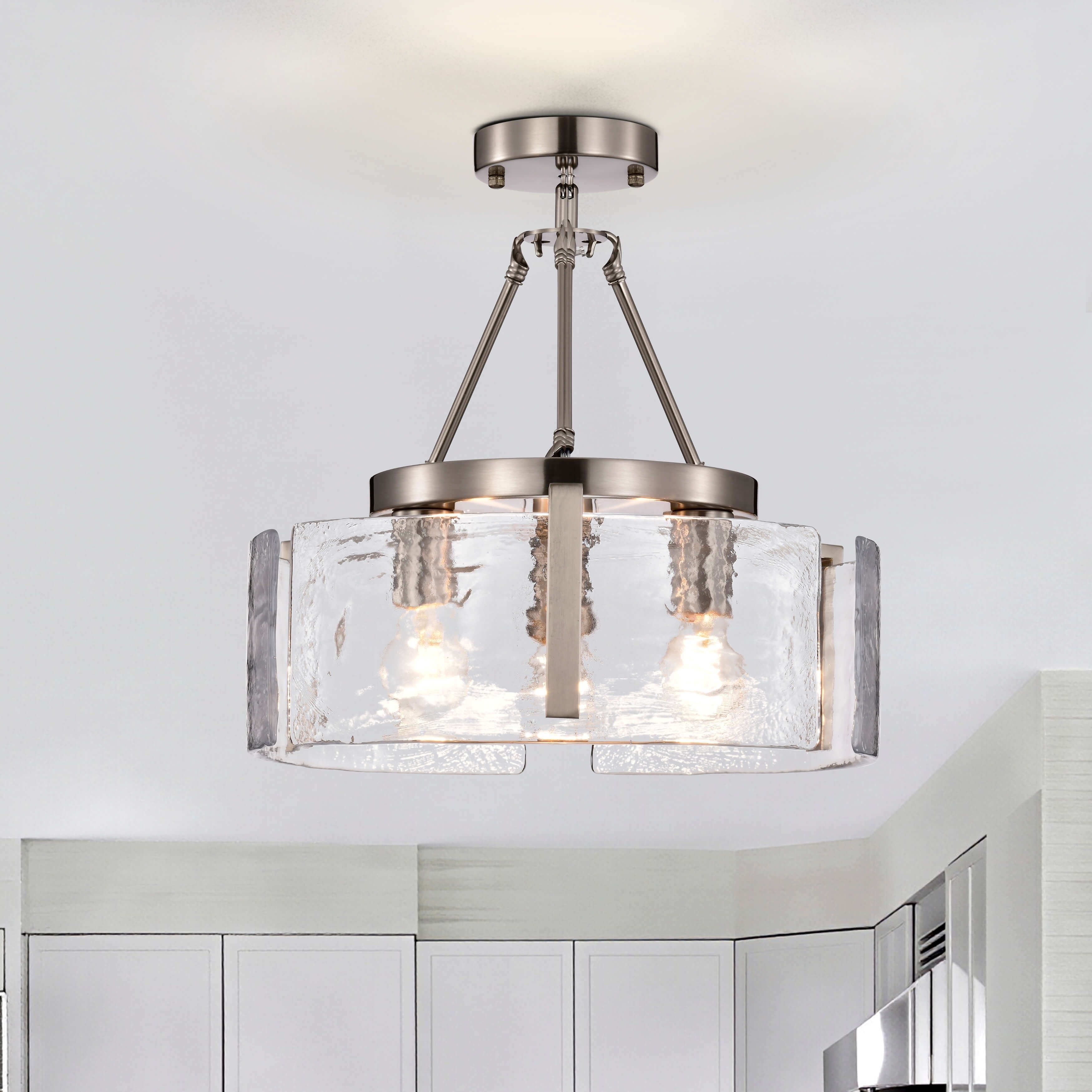 Reina 3 Light Water Textured Glass Panel Drum Semi Flush Mount