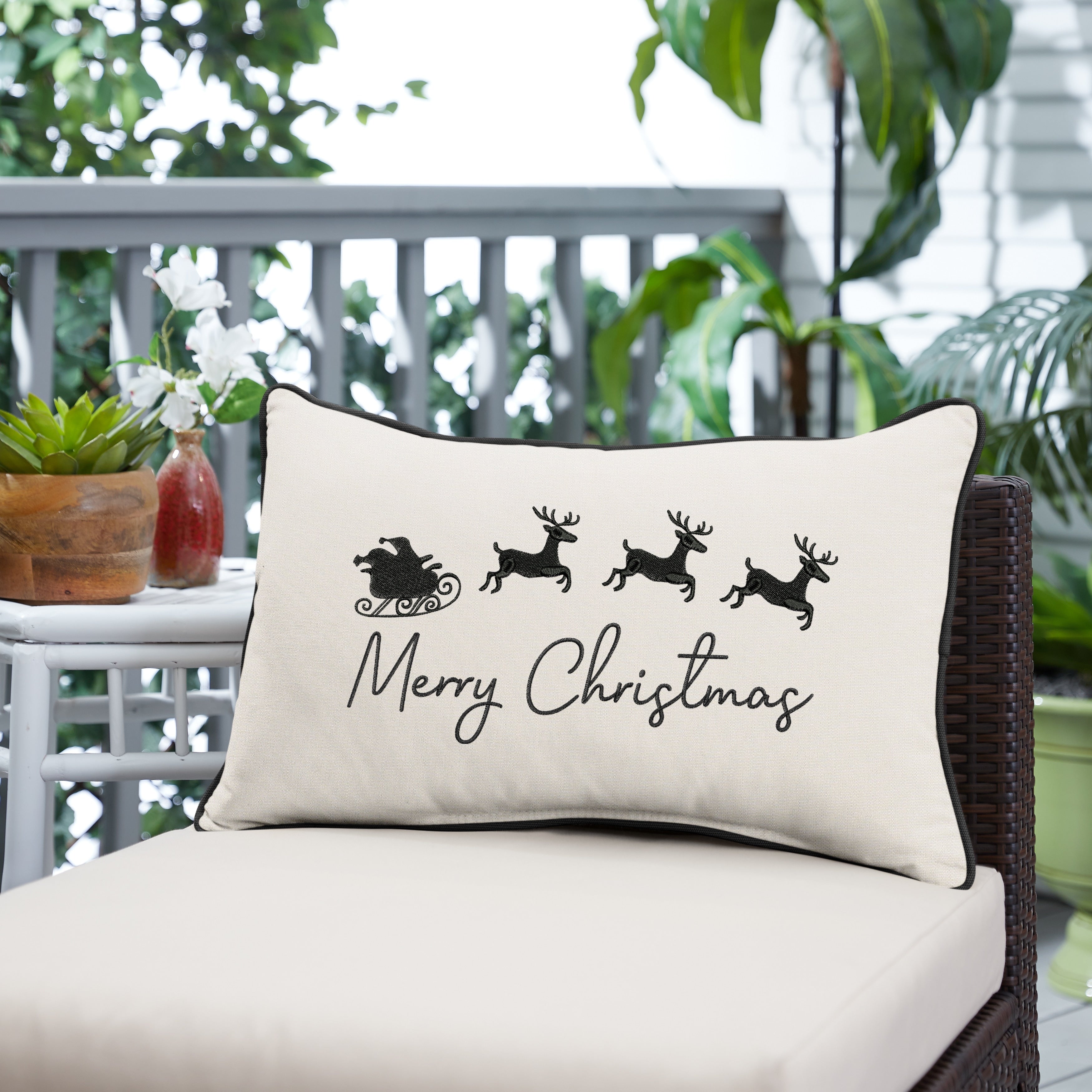 Reindeer Sunbrella Canvas Natural Black Indoor Outdoor Pillow