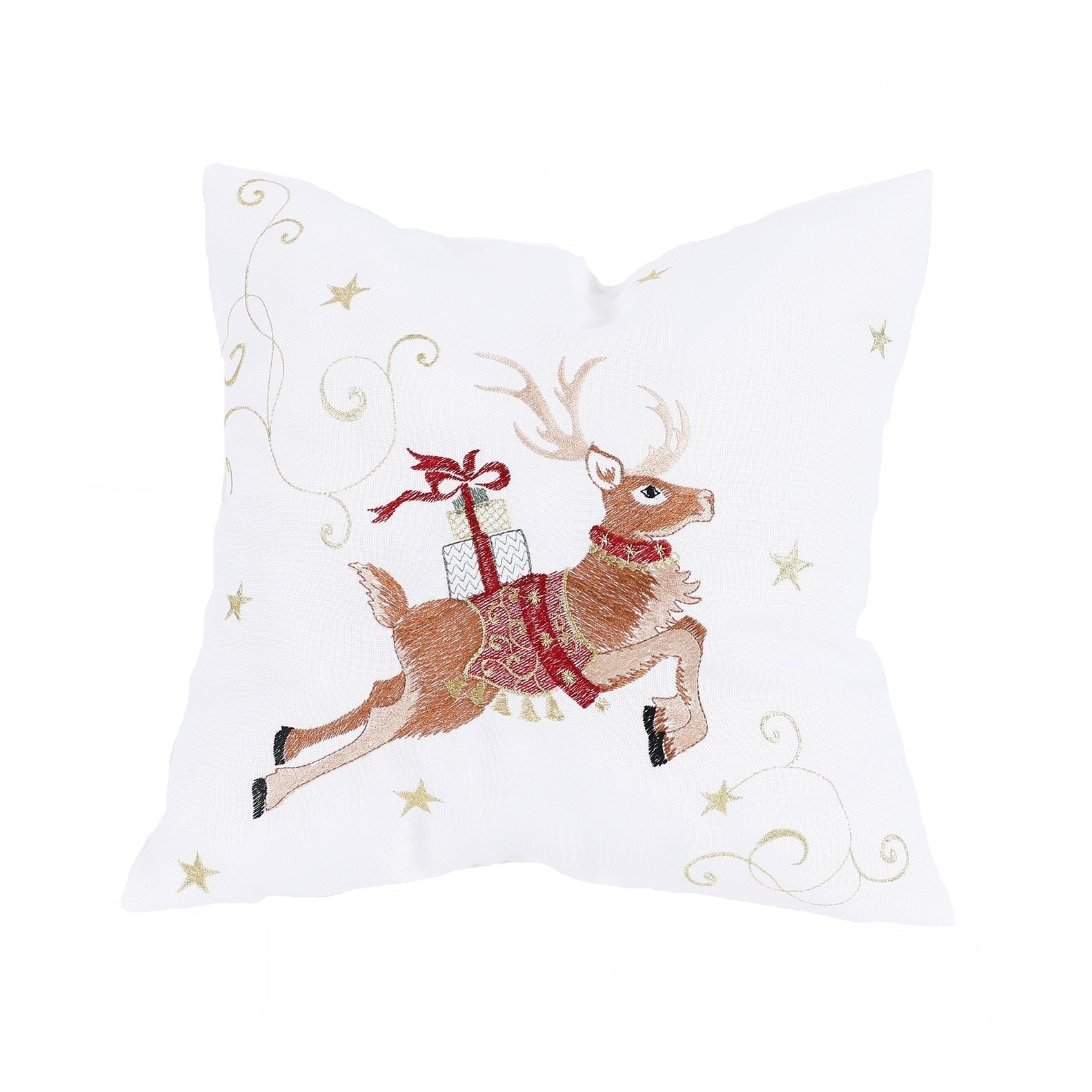 Reindeer With Gifts Embroidered Christmas Pillow 14 By 14 Inch
