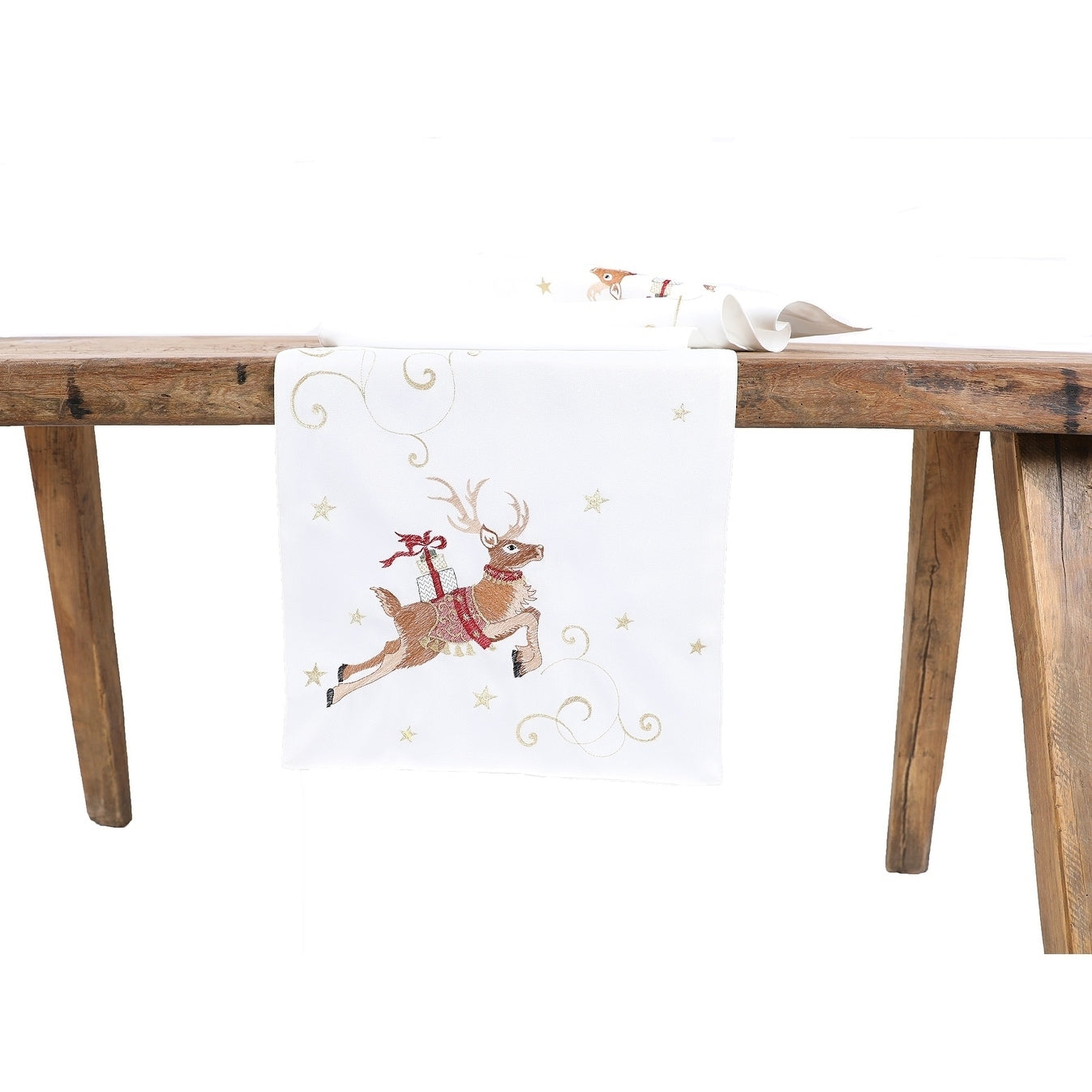 Reindeer With Gifts Embroidered Christmas Table Runner 16 By 36 Inch