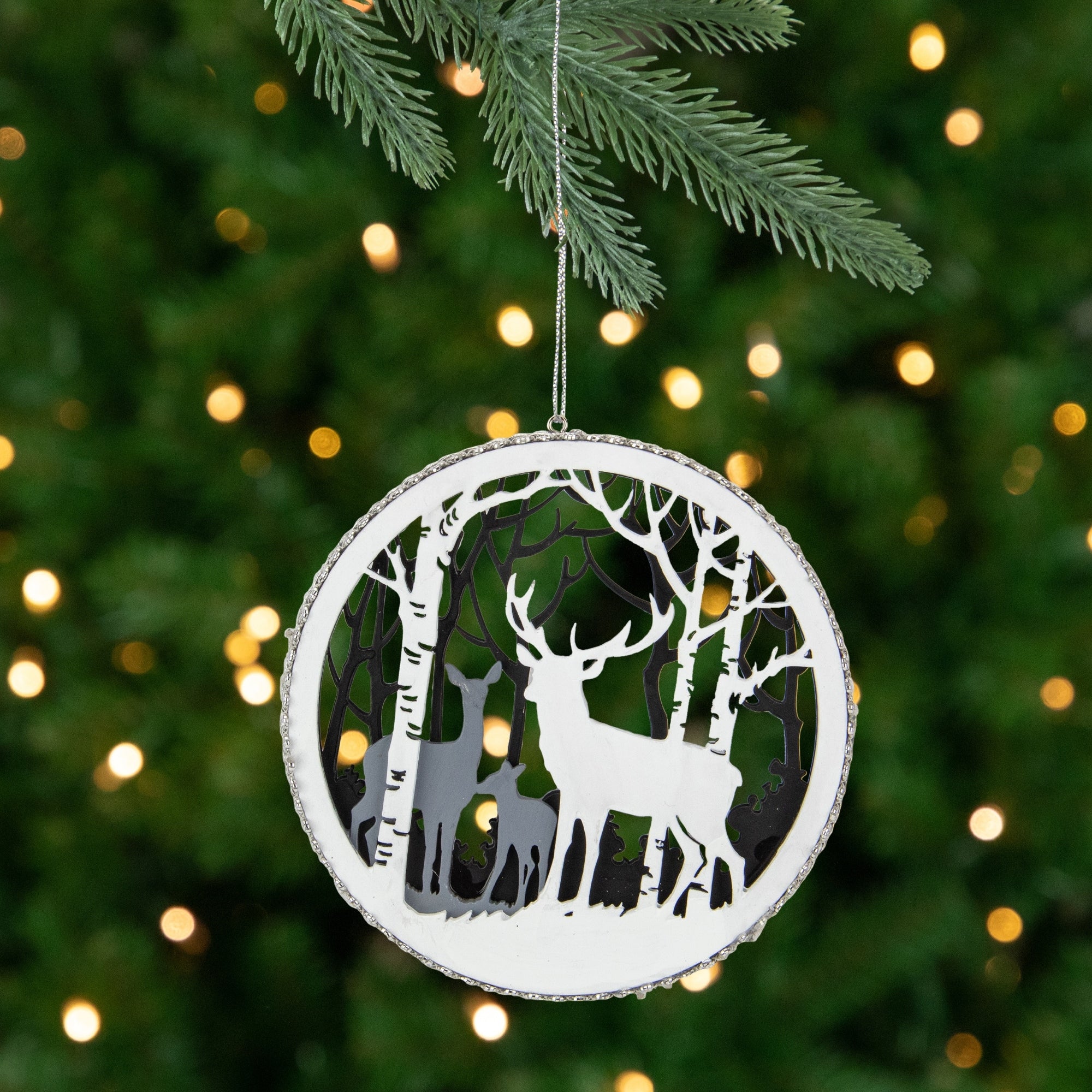 4.25 Silver Reindeer Family With Forest Trees Disk Paper Christmas Ornament