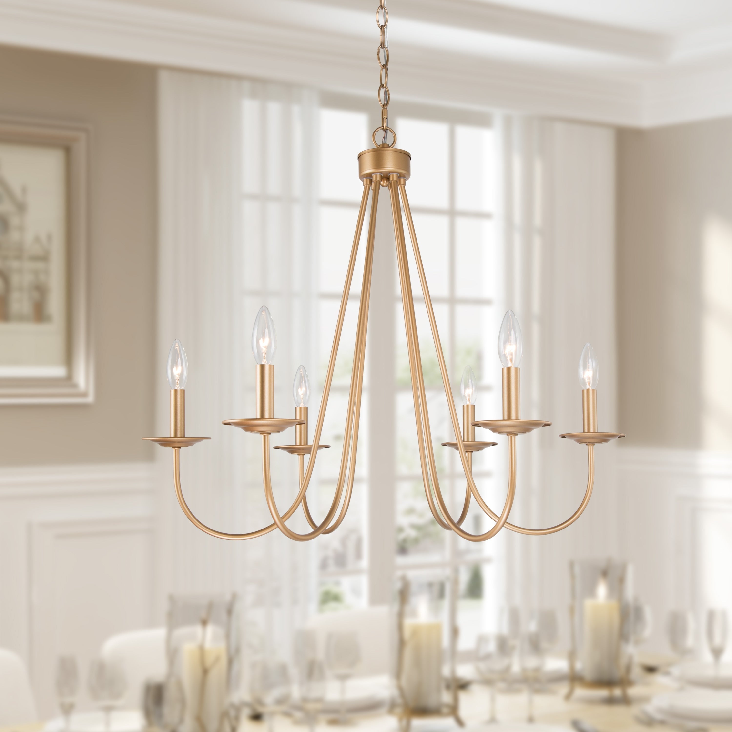 Modern Farmhouse 6 Lights Candle Chandelier Gold Swag Hanging Pendant For Dining Room D 26.7 H 25