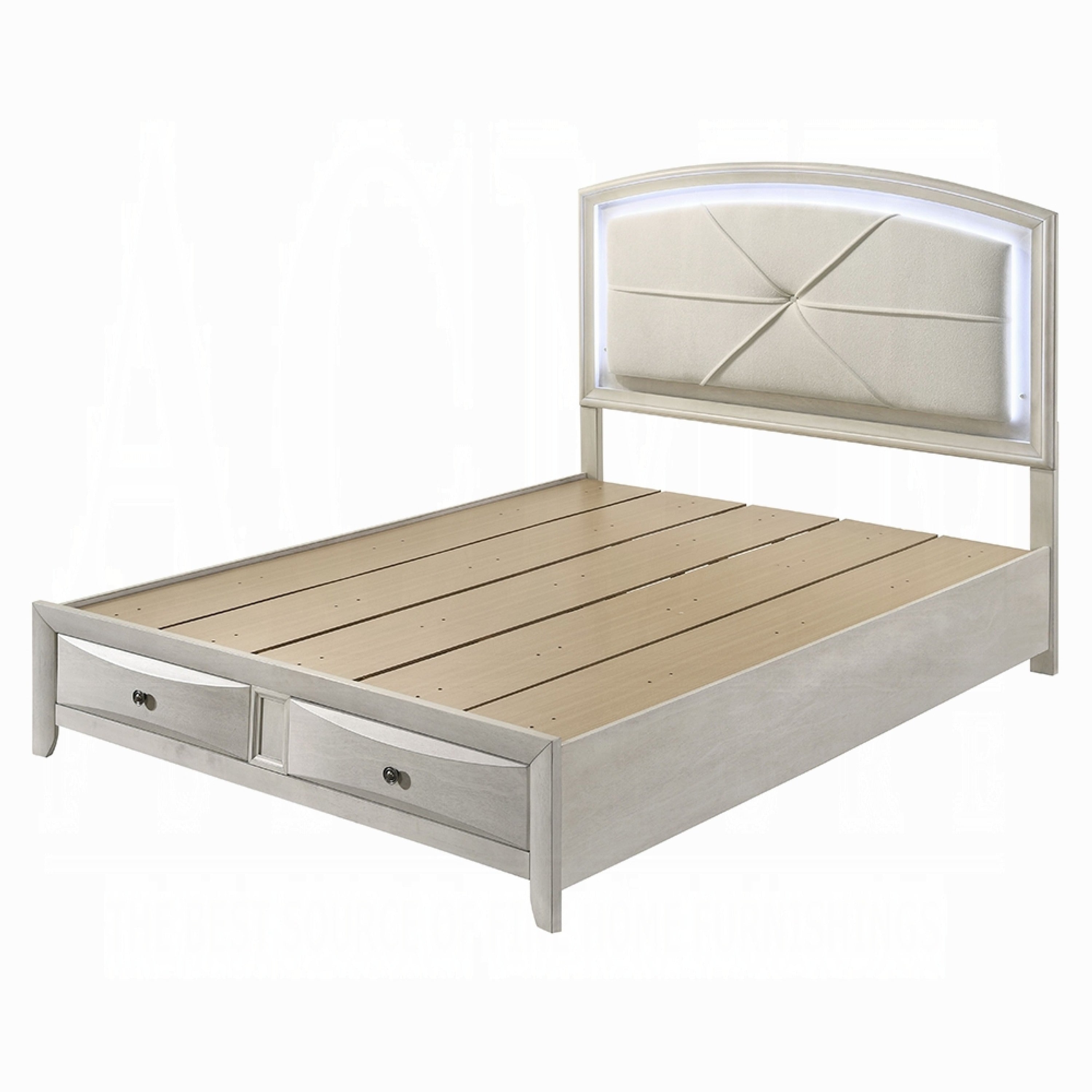 Remy Queen Size Bed With Led Headboard 2 Bottom Drawers Antique White