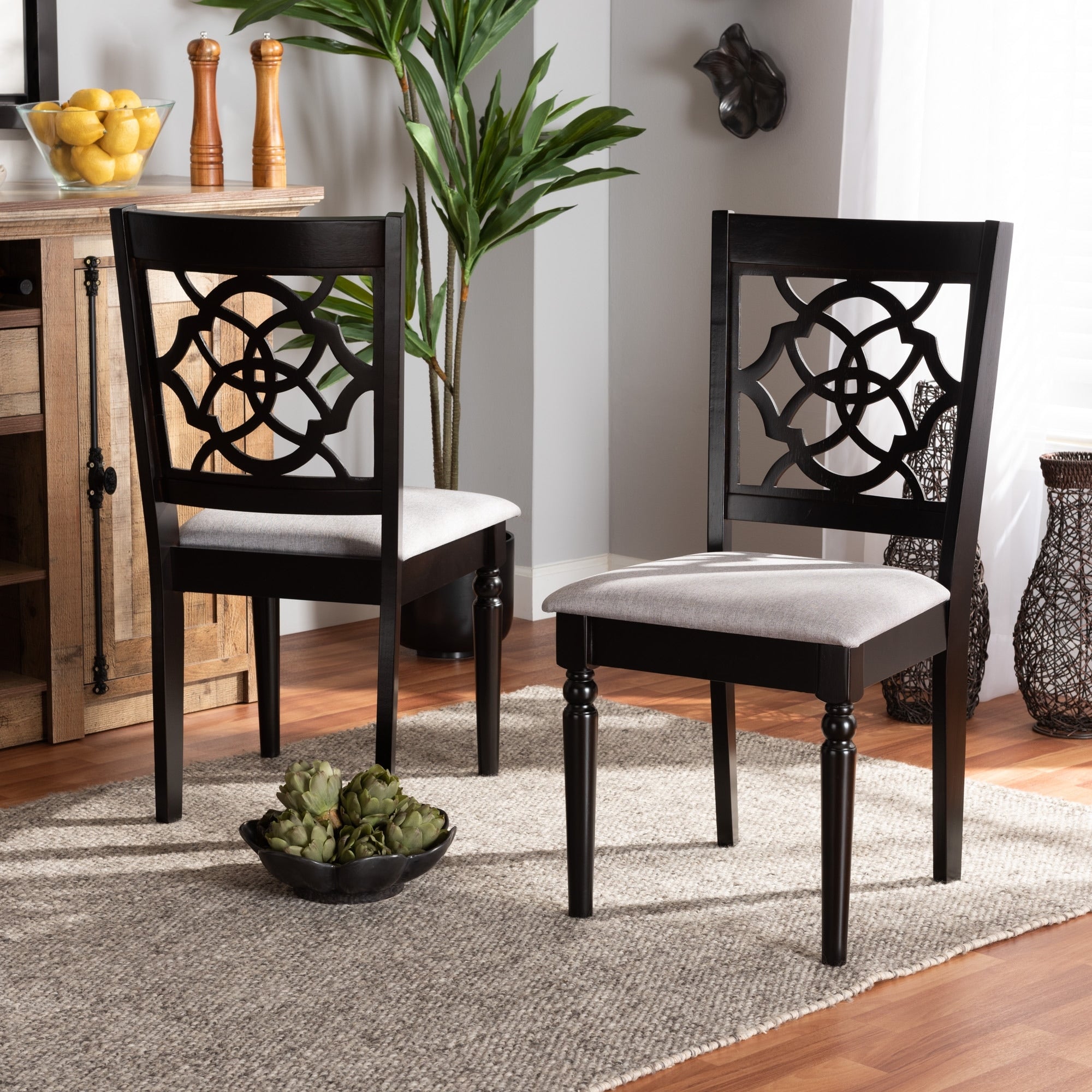 Renaud Grey Fabric Dark Brown Finished Wood 2 Pc Dining Chair Set