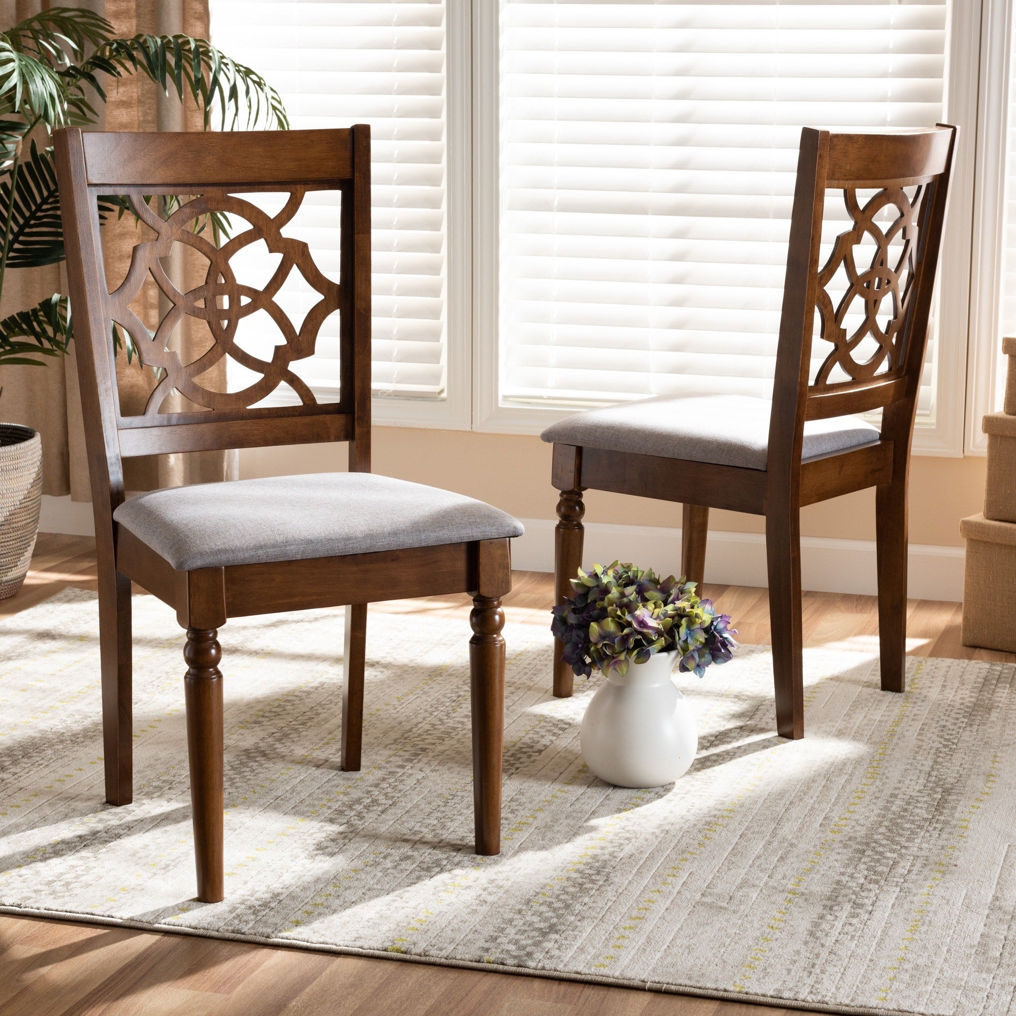 Renaud Modern Grey Fabric And Walnut Brown Wood 2 Pc Dining Chair Set