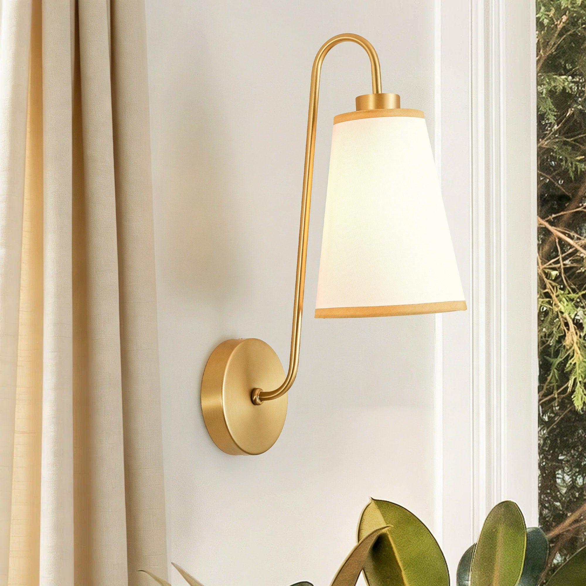Rennnsan 1 Light 17 In. Transitional Brushed Gold Linen Wall Sconce With White Tapered Fabric Shade