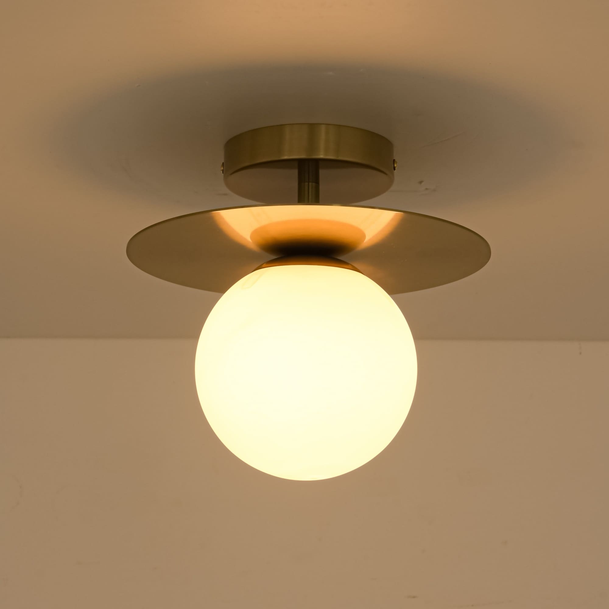 Rennnsan 1 Light Mid Century Modern Brass Opal Glass Globe Flush Mount Ceiling For Entryway 9.8 In. W X 9.3 In.H