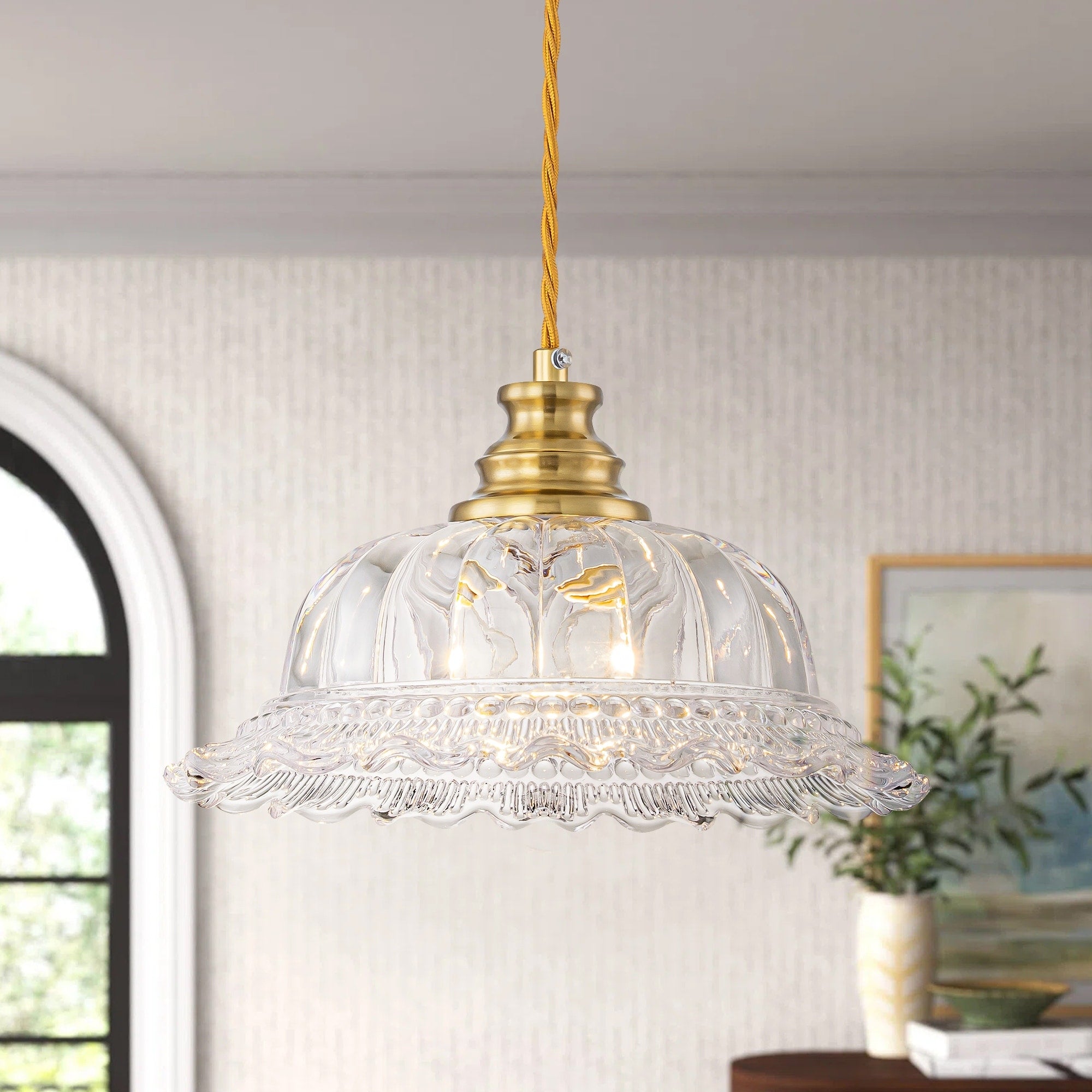 1 Light Modern Brass Glass Flower Pendant Light For Kitchen Island Dining Area 9.84 In. Dia X 5.43 In. H