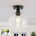 Rennnsan 1 Light Modern Matte Black Flush Mount Ceiling Light With Textured Clear Glass Globe Shade 9.8 In. Dia X 10.2 In. H