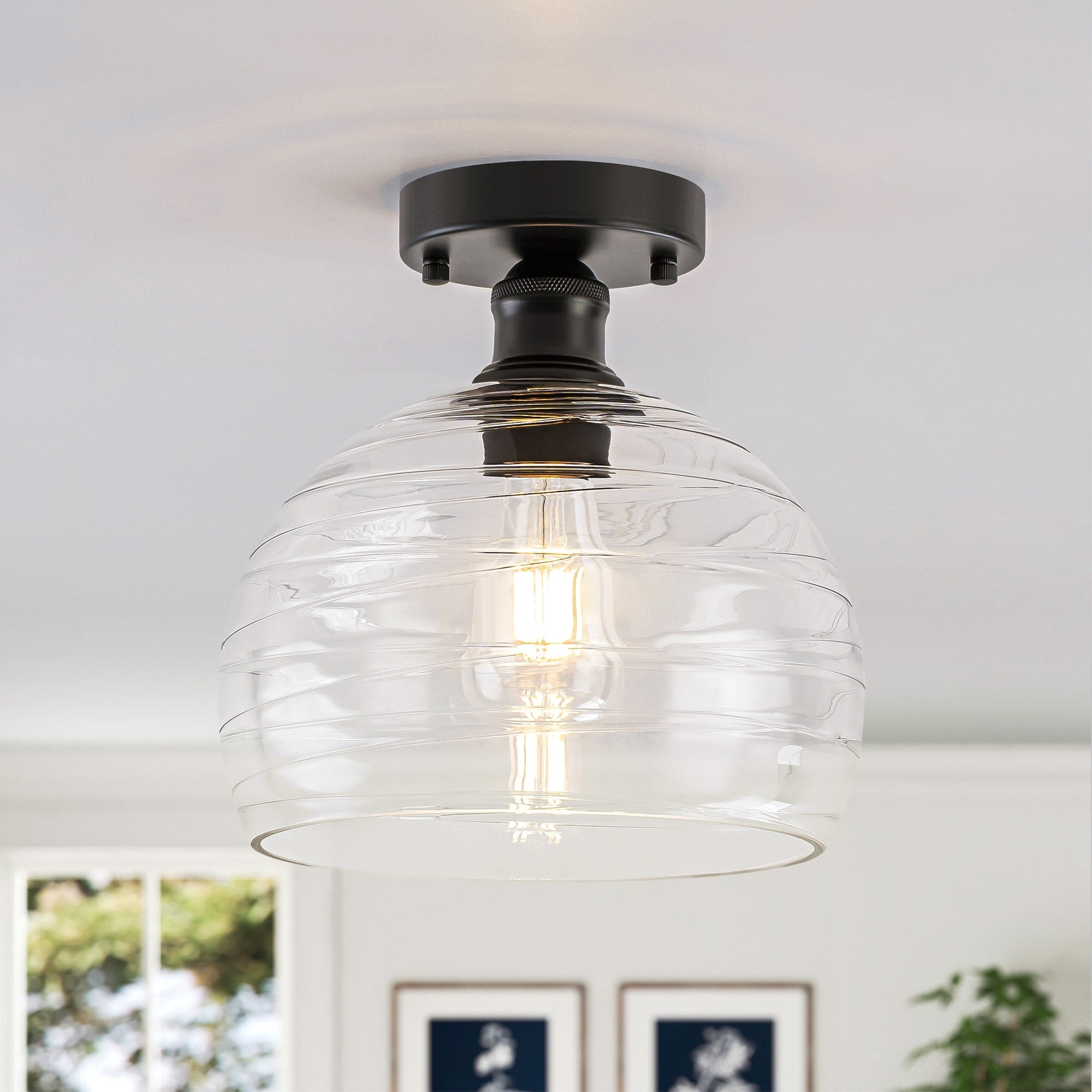 Rennnsan 1 Light Modern Matte Black Flush Mount Ceiling Light With Textured Clear Glass Globe Shade 9.8 In. Dia X 10.2 In. H
