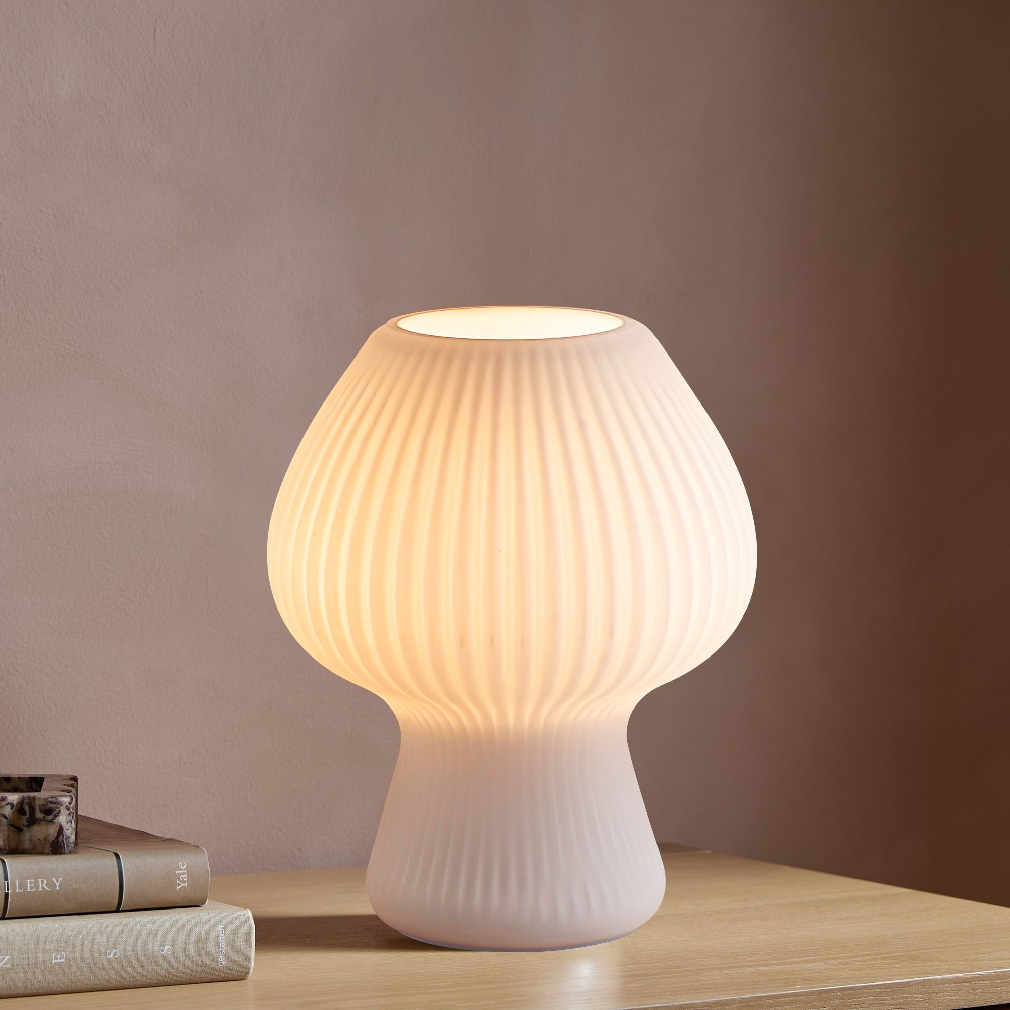 Rennnsan 1 Light Modern White Frosted Ribbed Glass Table Lamp Plug In Bedside Lamp With Inline Switch For Bedroom Living Room