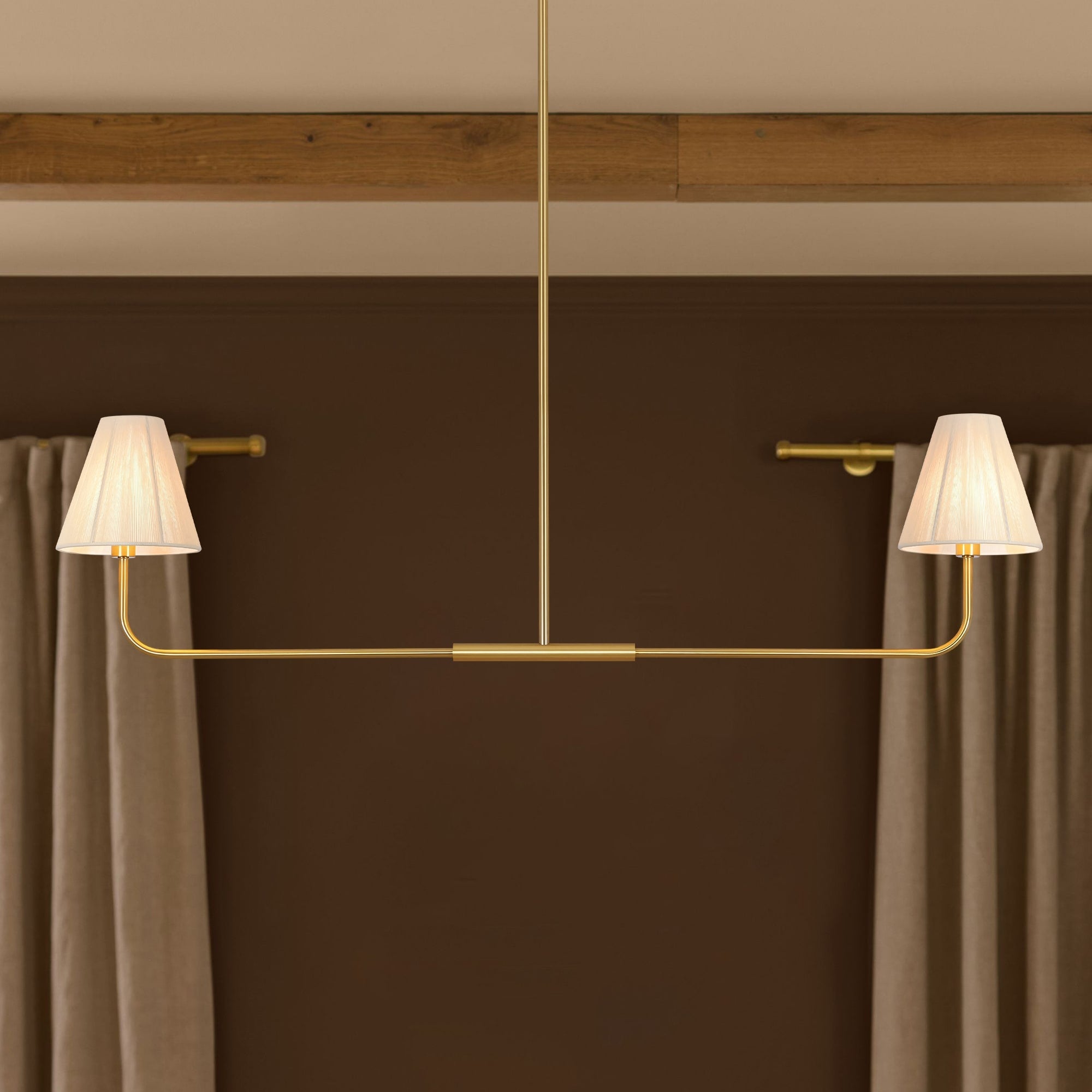 Rennnsan 2 Light Farmhouse Gold Linear Cone Fabric Pendant Light Kitchen Island Lighting 48 In. W X 7 In. D X 11.6 In. H