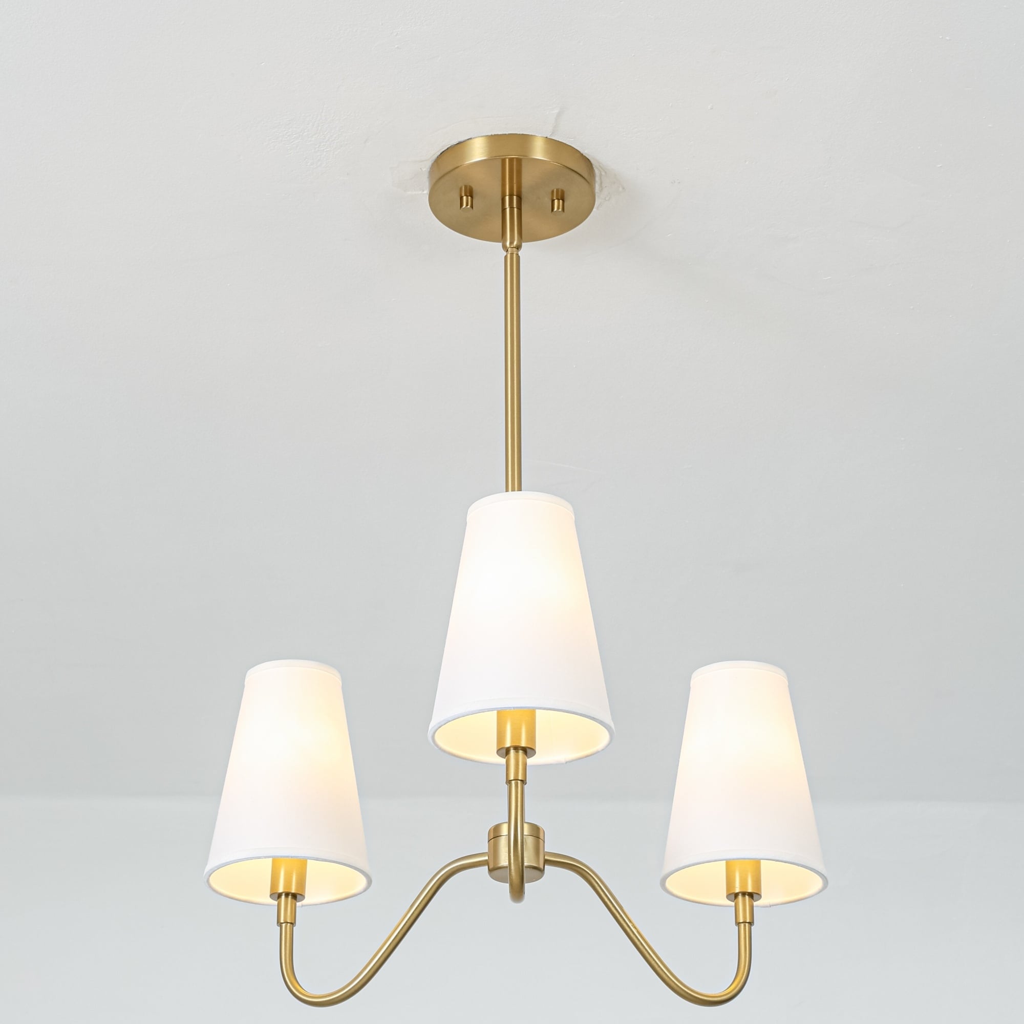 Rennnsan 3 Light Brass Chandelier With White Fabric Conical Shades For Living Room 19.7 In. W X 9.6 In. H