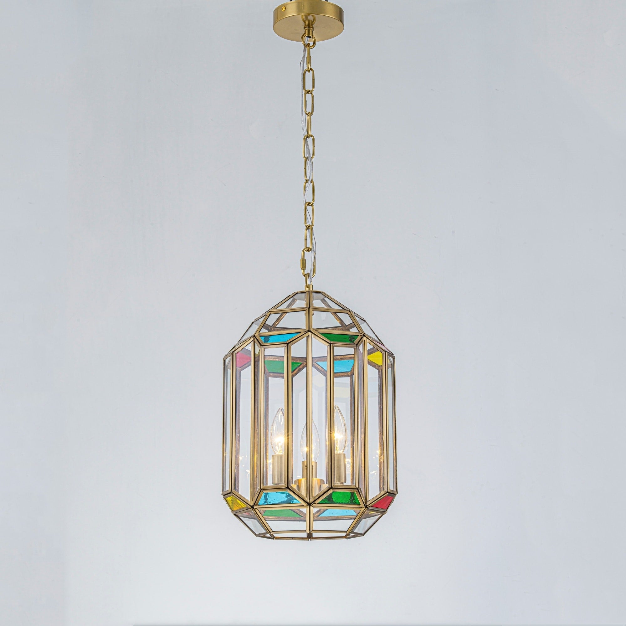 Rennnsan 3 Light Retro Brass Lantern Pendant Light Multi Color Glass Ceiling Light For Bedroom Dining Room