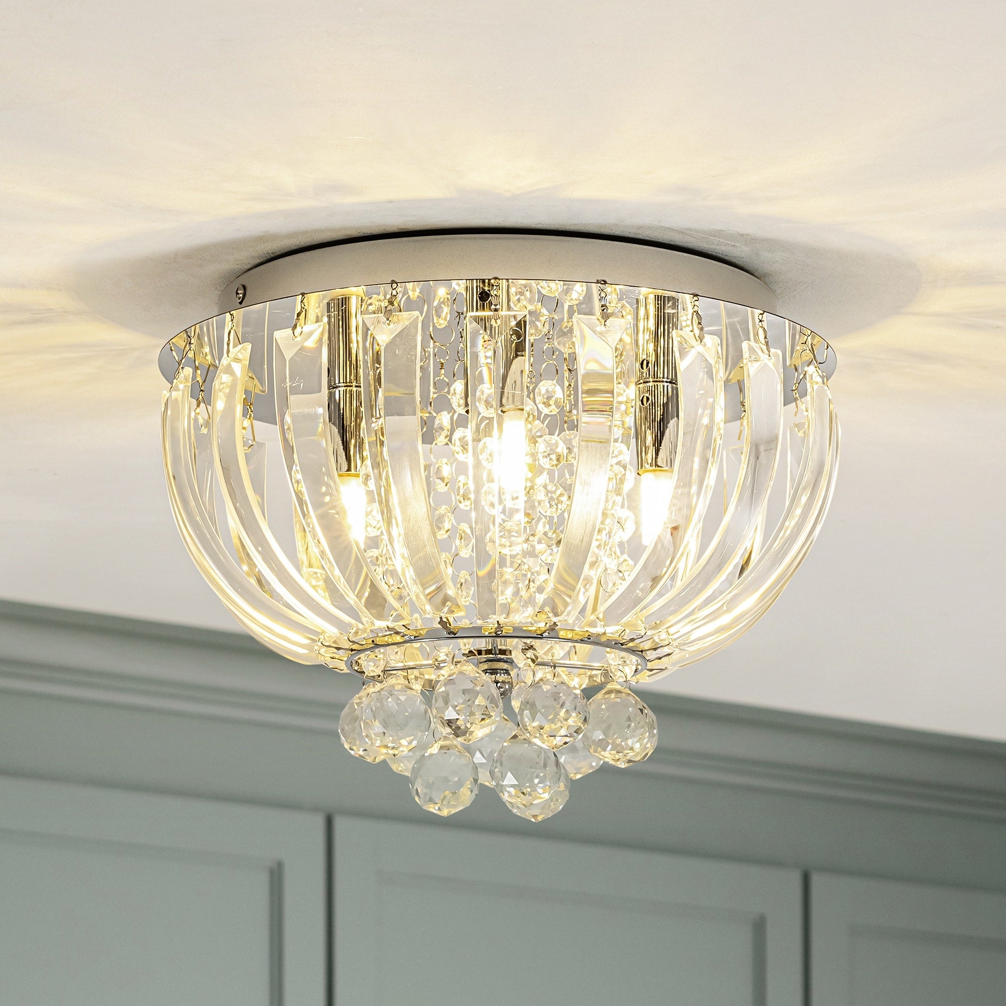 3 Light Transitional Metal Crystal Flush Mount With Sparkling Clear Crystal Shade For Living Room 11.8 In. W X 8 In. H