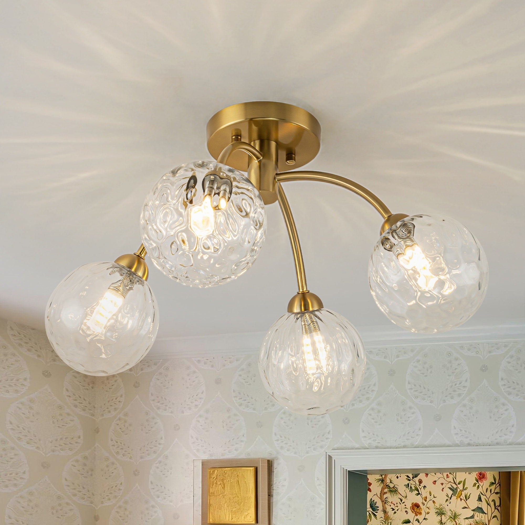 Rennnsan 4 Light 20 In. Black Gold Water Ripple Glass Semi Flush Mount Ceiling Light Modern Glam Globe Light Fixture