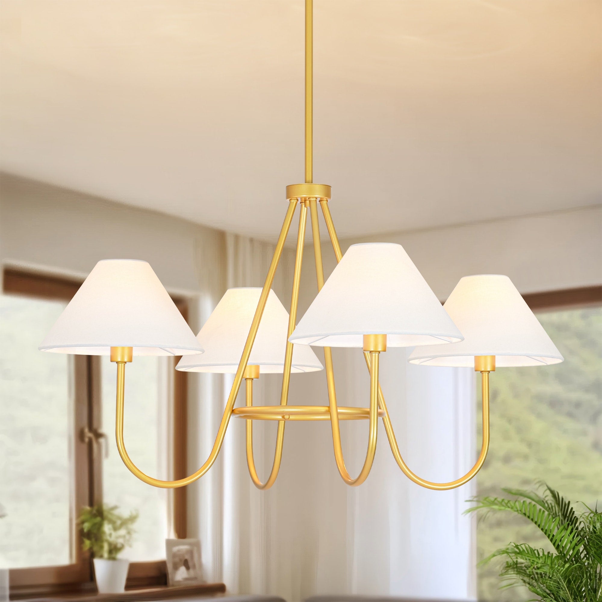 Rennnsan 4 Light 31 In. Modern Gold Chandelier With White Linen Tapered Shades For Dining Room Living Room