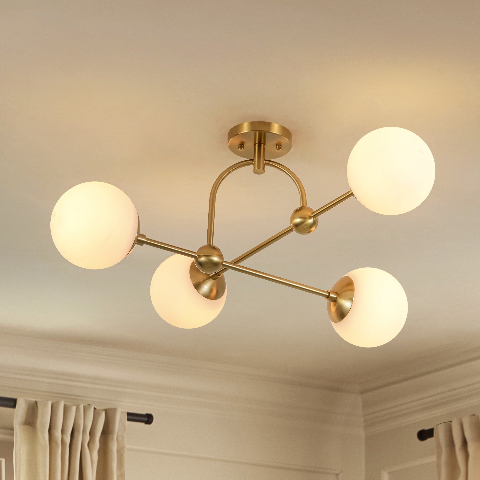 Rennnsan 4 Light Modern Gold Linear Frosted Glass Globe Semi Flush Mount Ceiling Light 27.8 In. L X 27.8 In. W X 13.0 In. H