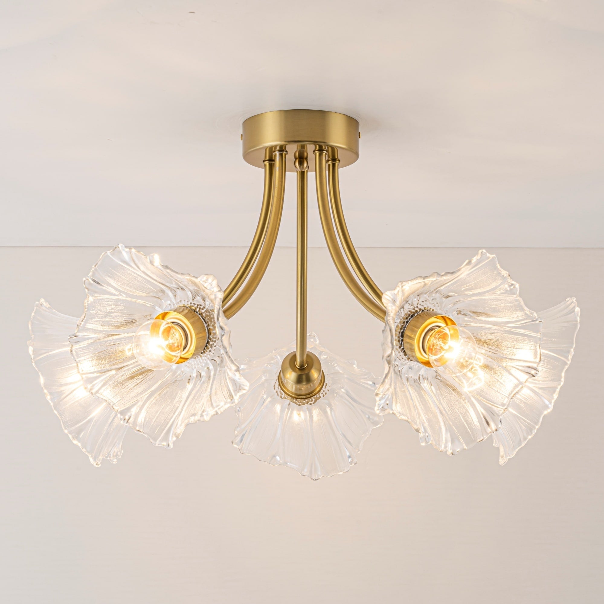 Rennnsan 5 Light Modern Brass Sputnik Cluster Semi Flush Mount Ceiling Light With Flower Glass Shades