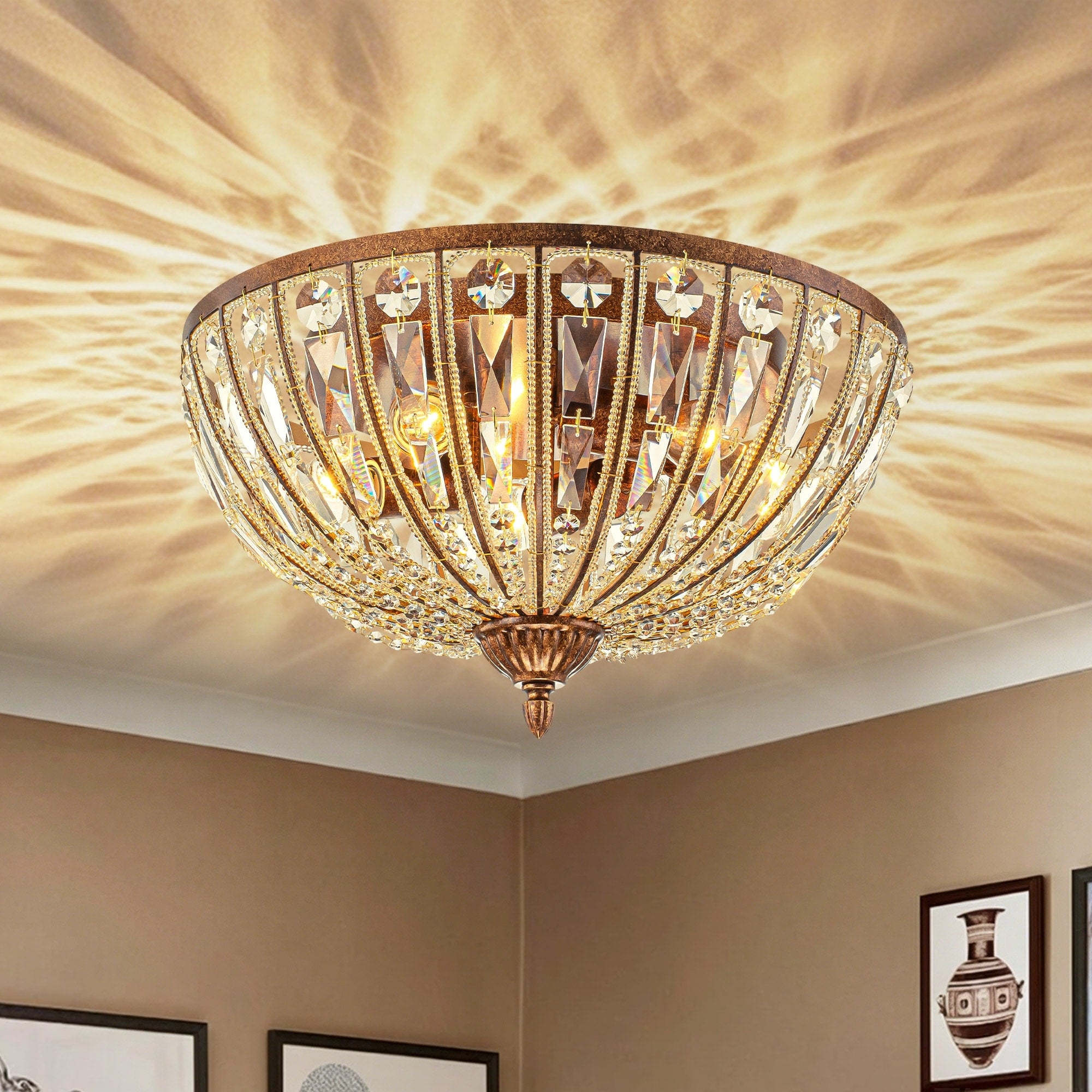 Rennnsan 5 Light Retro Antique Brown Cone Crystal Beaded Flush Mount Ceiling Light With Umbrella Style Shade