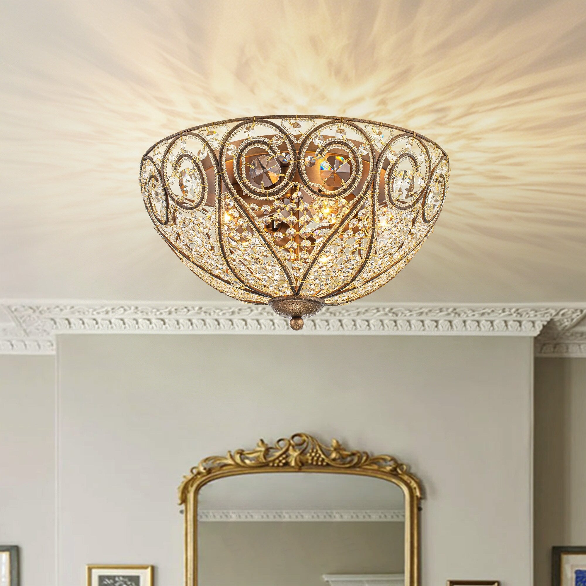 Rennnsan 5 Light Vintage Antique Bronze Dome Crystal Flush Mount Ceiling Light 17.7 In. Dia X 9.6 In. H