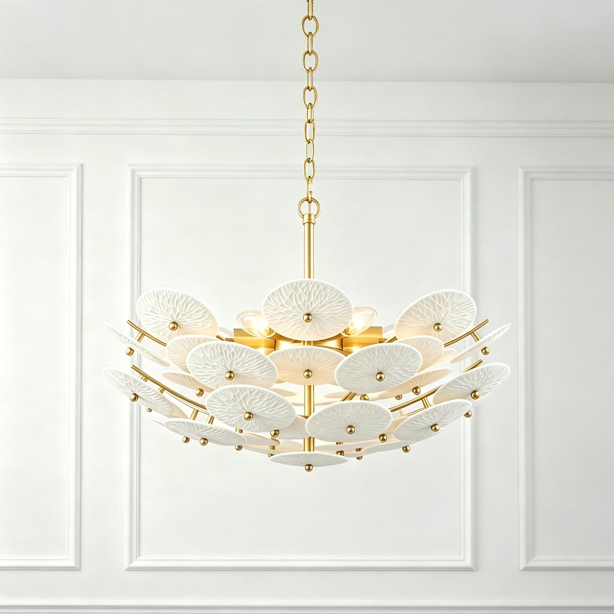 Rennnsan 6 Light 20 In. Modern Gold White Ceramic Lotus Chandelier For Dining Room Bedroom 19.7 In. Dia X 7.9 In. H