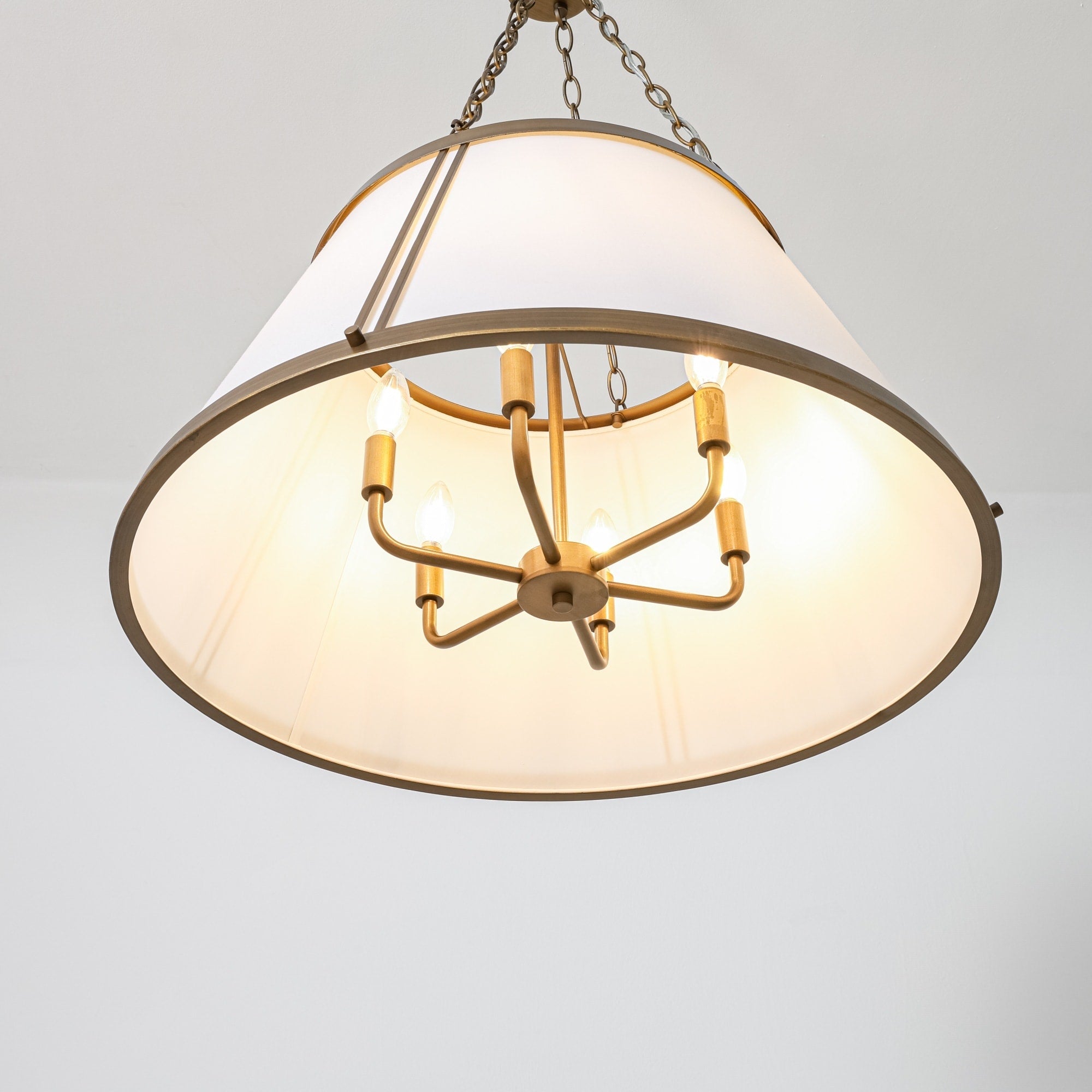Rennnsan 6 Light Farmhouse Brushed Gold Fabric Drum Chandelier With White Tapered Shades For Dining Room Living Room