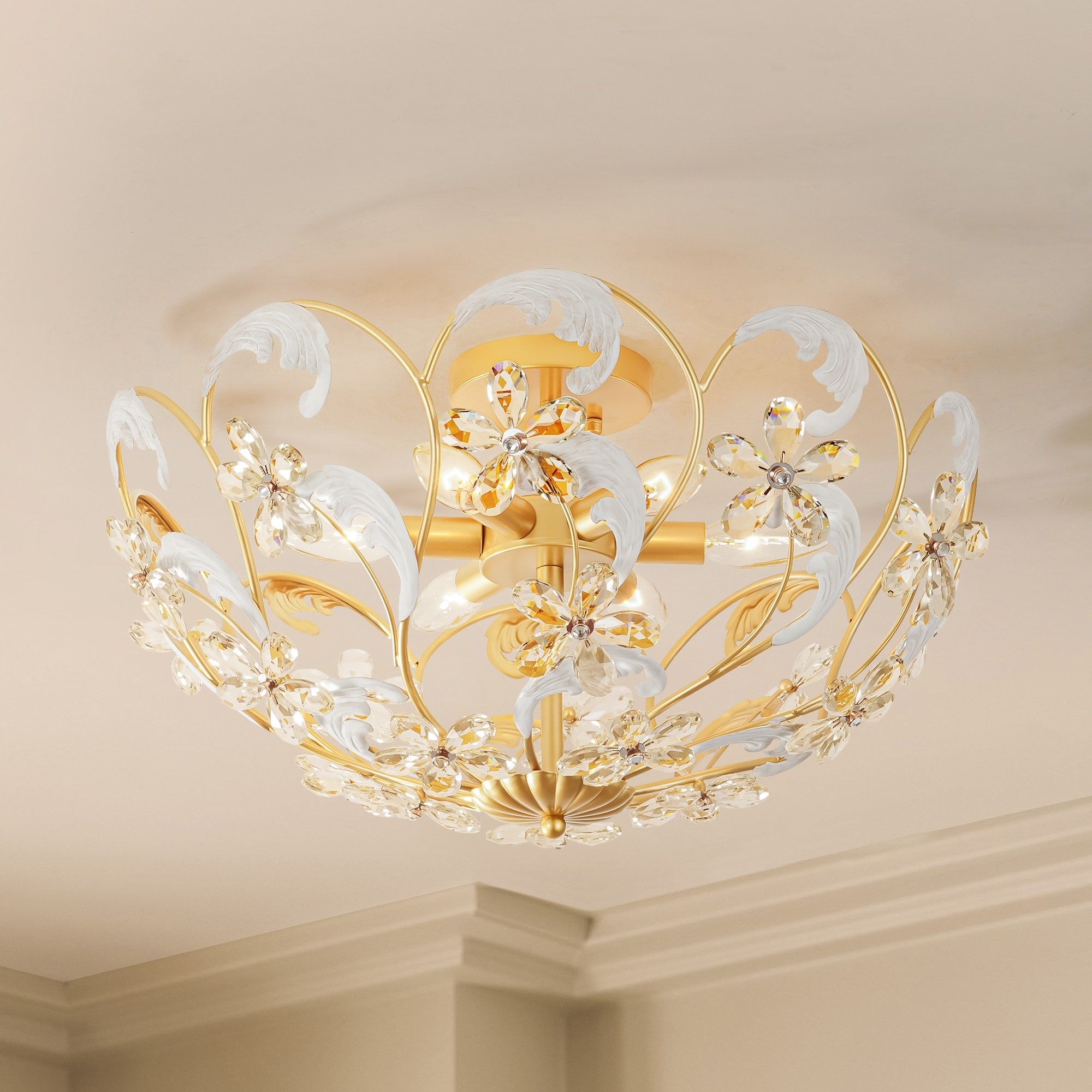 Rennnsan 6 Light Spray Painted Iron Gold Floral Crystal Flush Mount Ceiling Light For Bedroom Living Room
