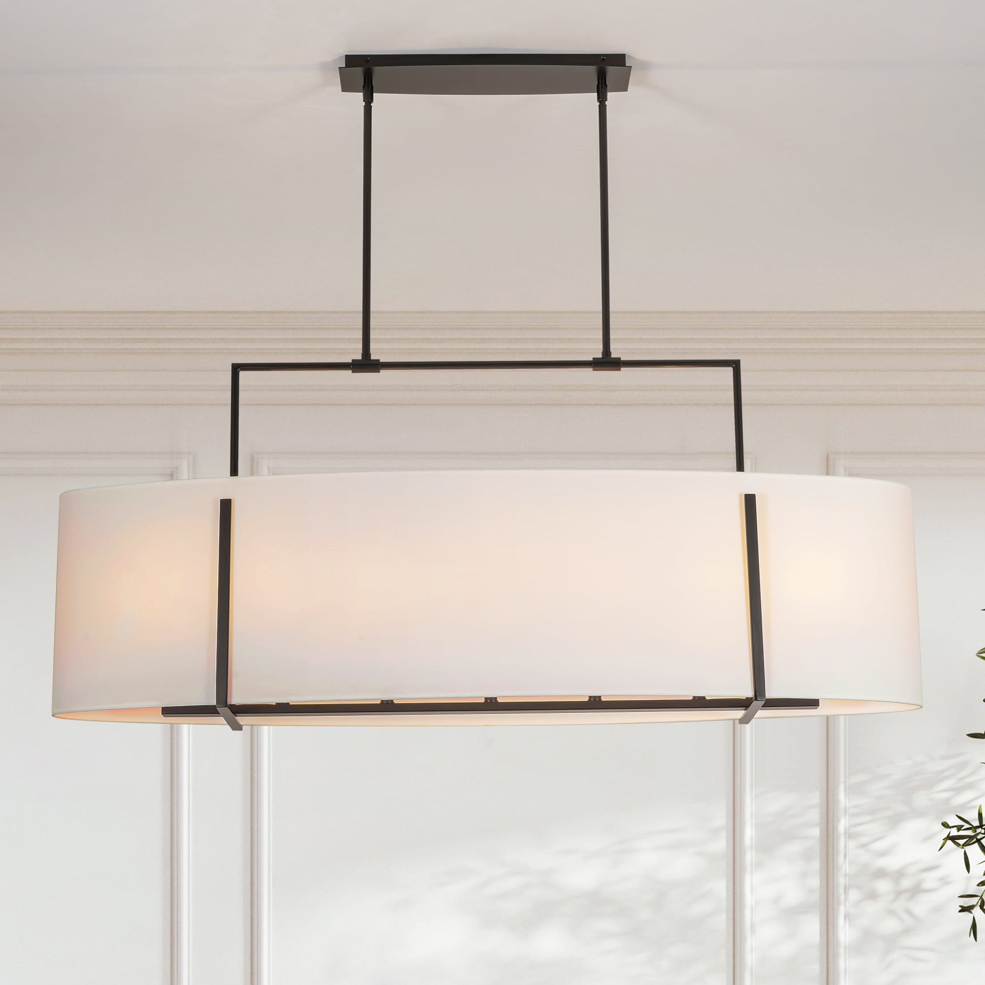 Rennnsan 7 Light Farmhouse Black Oval Drum Fabric Chandelier Large Dining Room Pendant Light