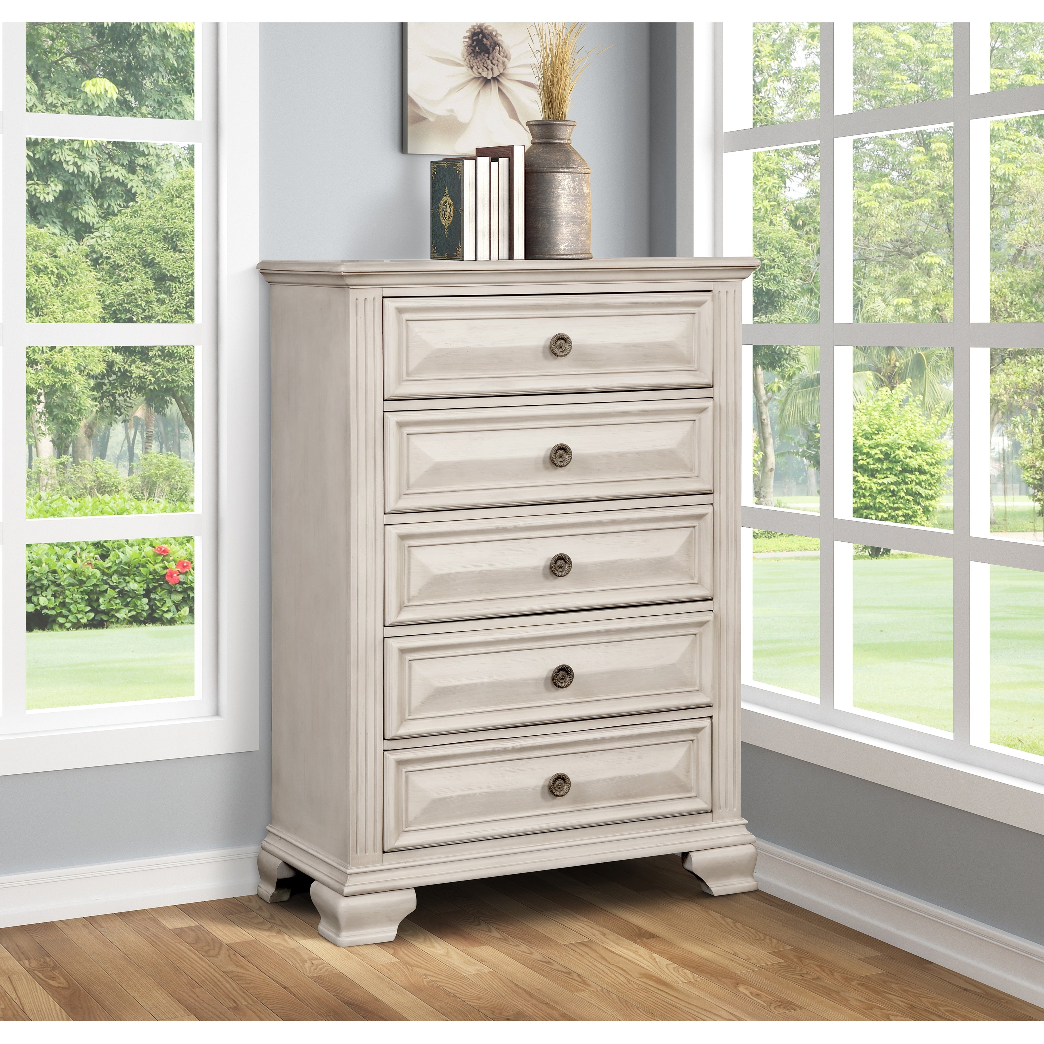 Renova Distressed Parchment 5 Drawer Chest