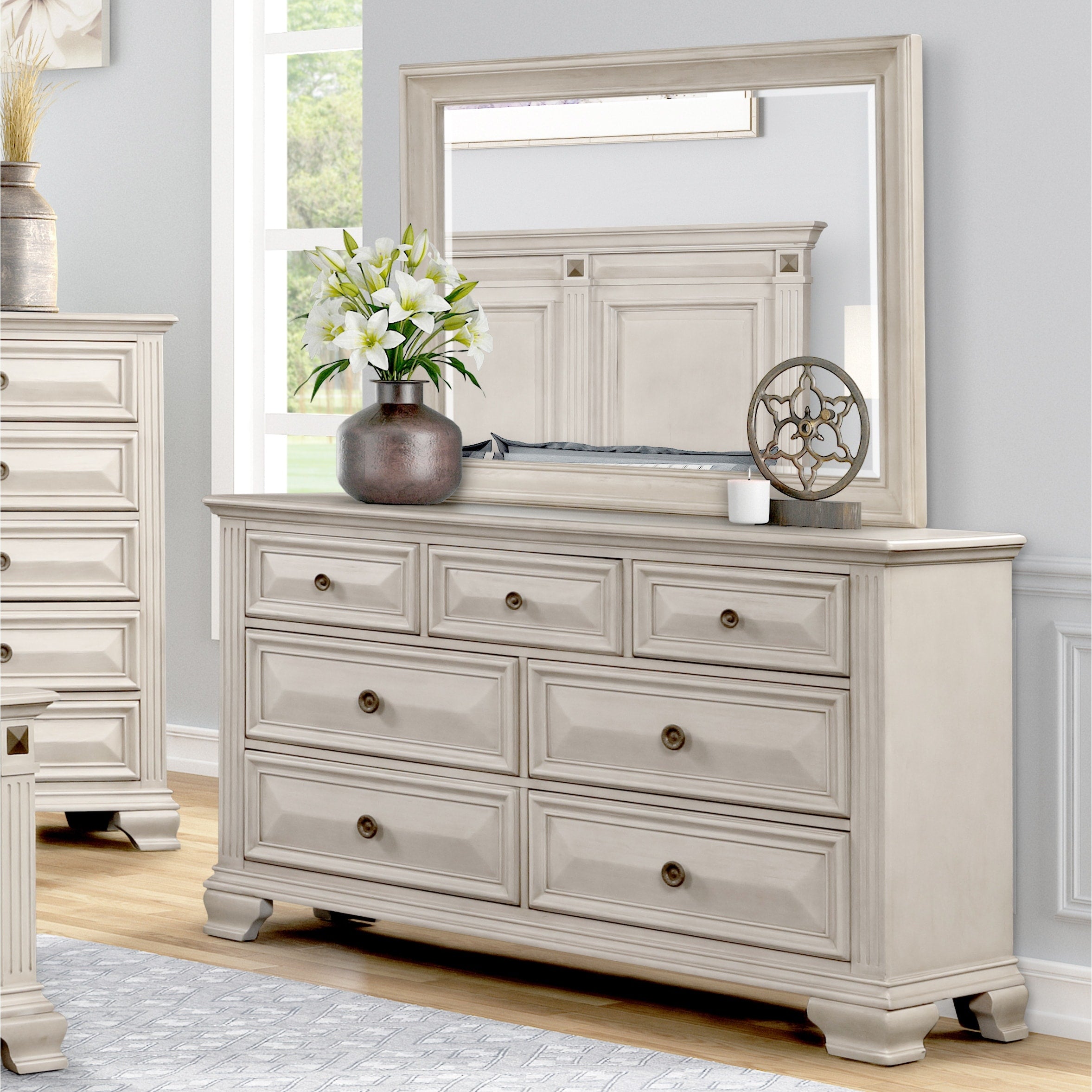 Roundhill Furniture Renova Distressed Parchment 7 Drawer Dresser With Mirror