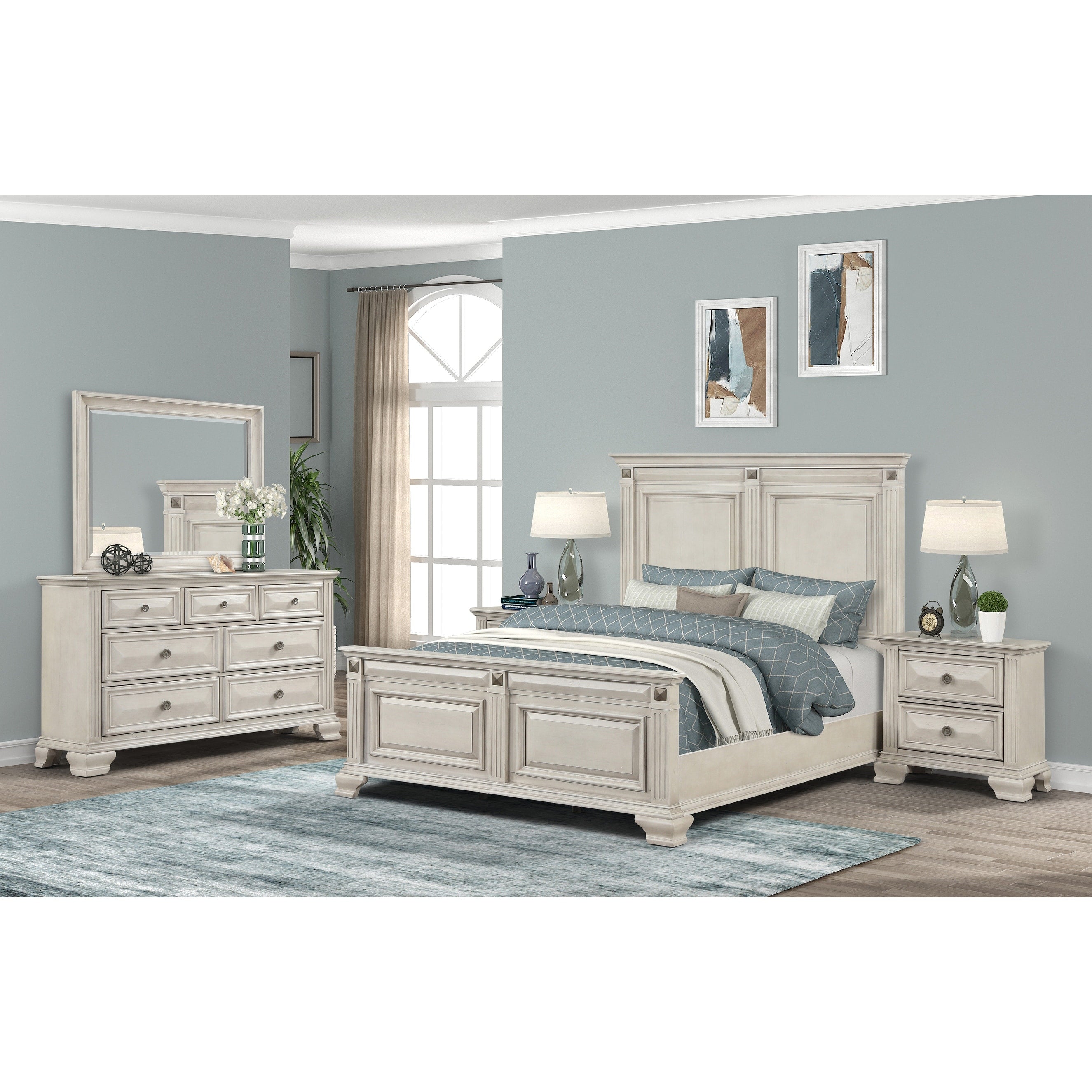 Renova Distressed Parchment Wood Bedroom Set Panel Bed Dresser Mirror Two Nightstands