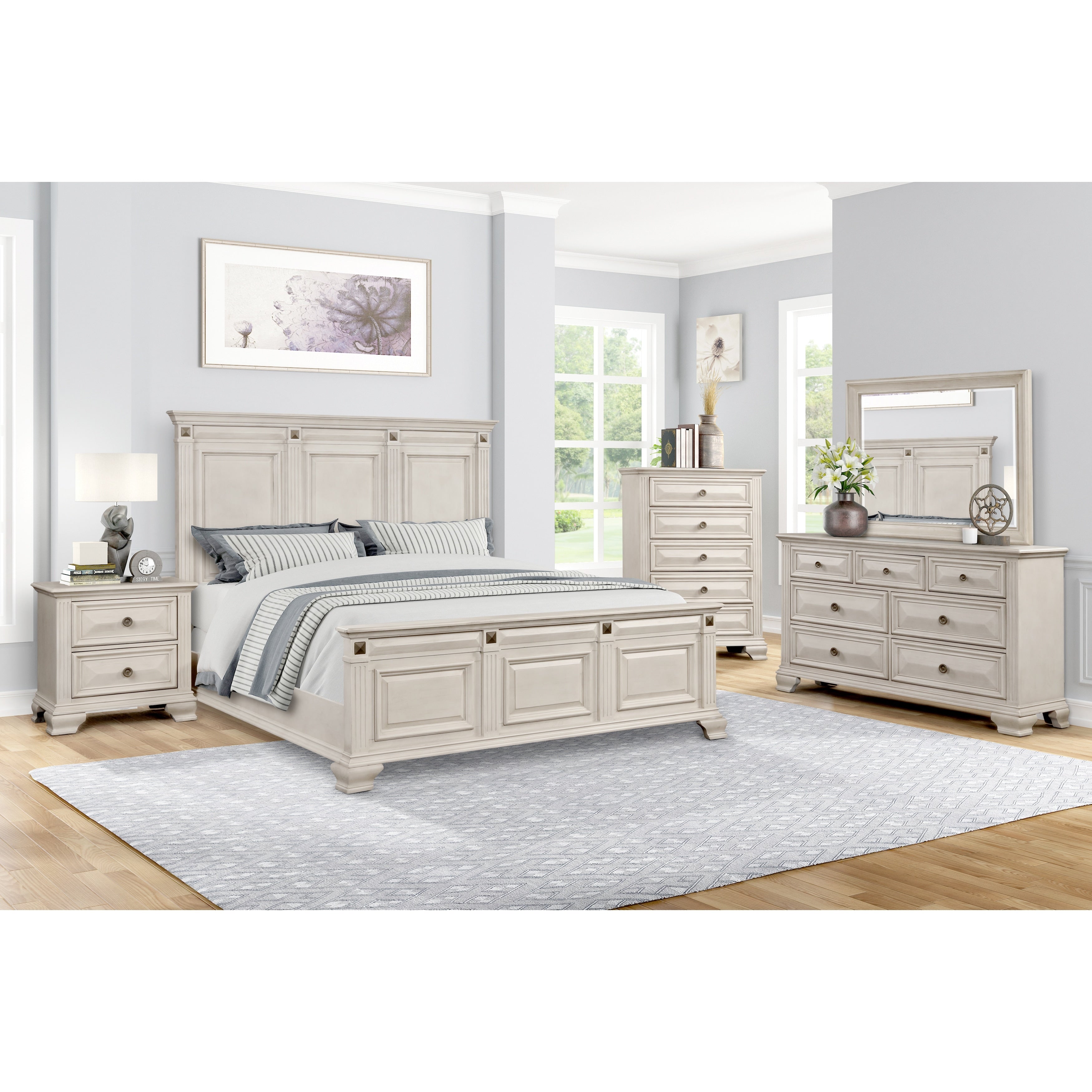Renova Distressed Parchment Wood Bedroom Set With Panel Bed Dresser Mirror Nightstand Chest