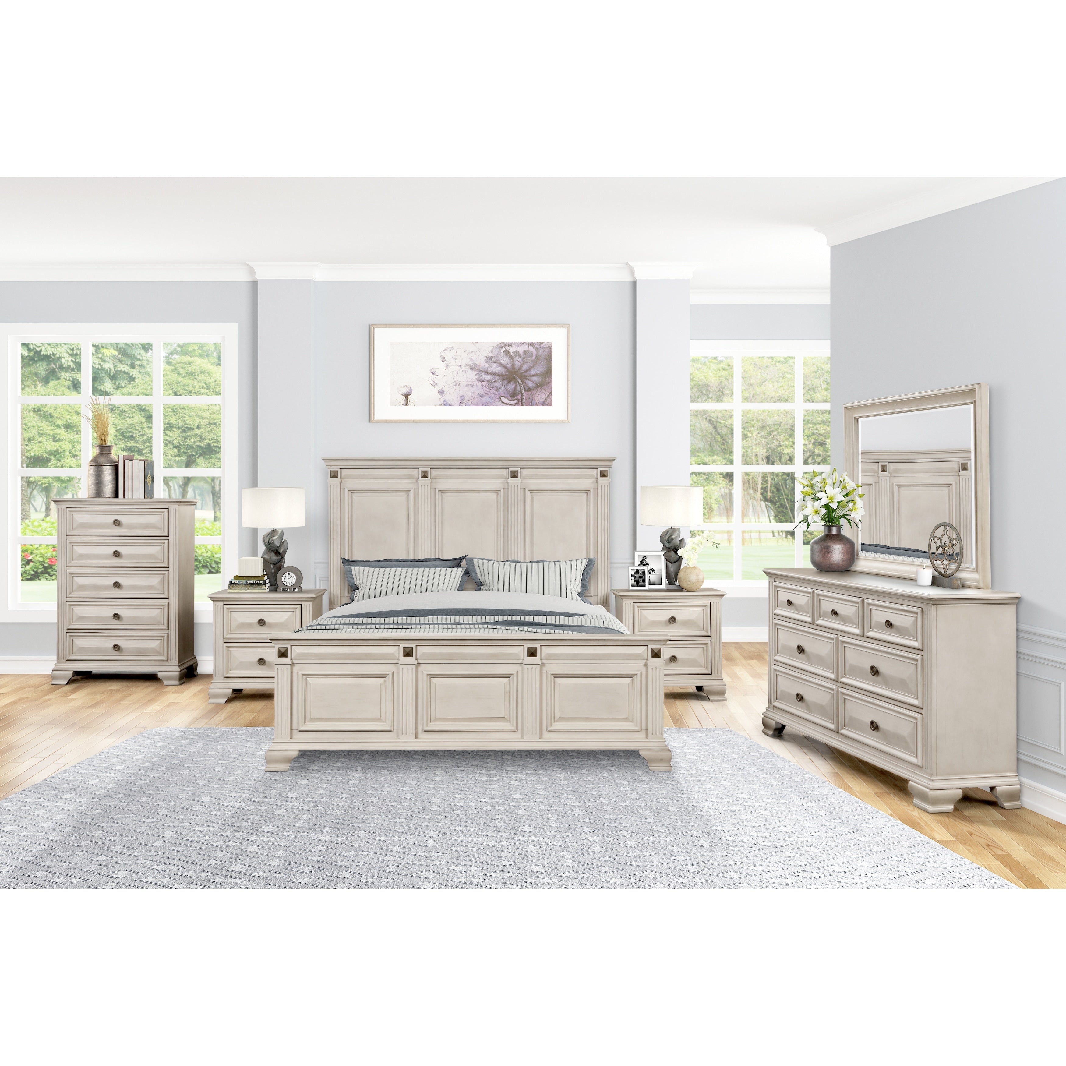 Renova Distressed Parchment Wood Bedroom Set With Panel Bed Dresser Mirror Two Nightstands Chest