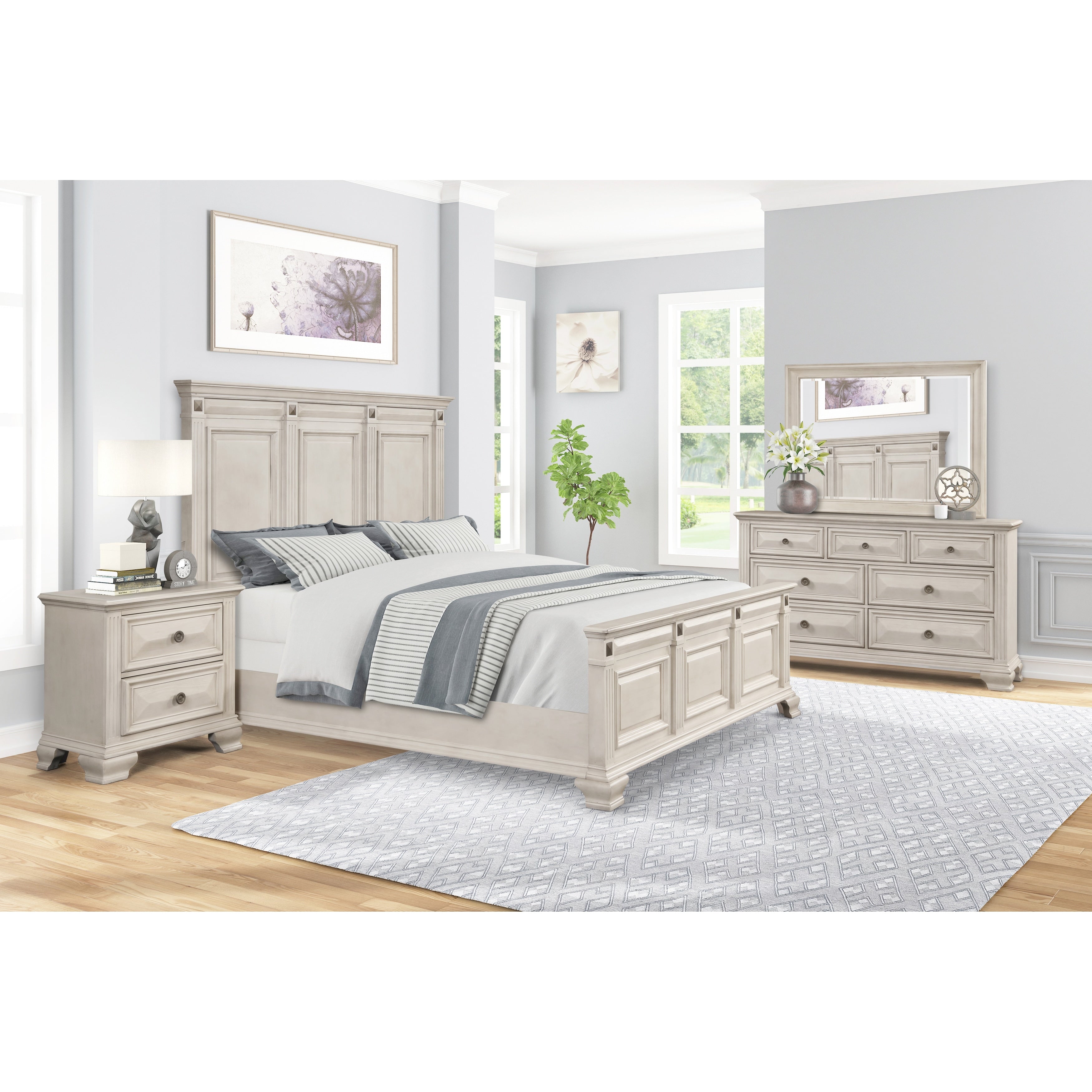 Renova Distressed Parchment Wood Bedroom Set Panel Bed Dresser Mirror Nightstand