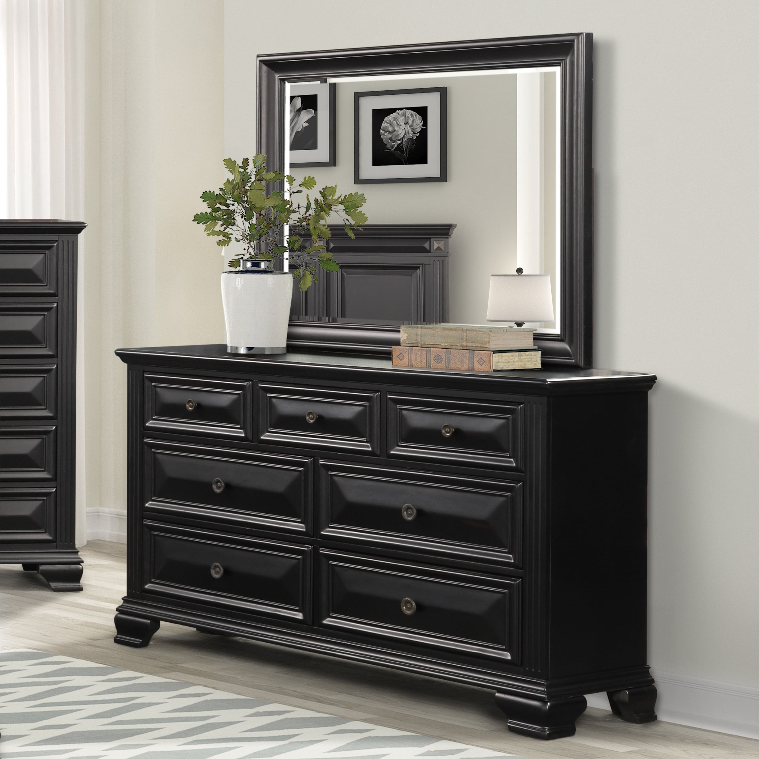 Renova Vintage Black 7 Drawer Dresser With Mirror