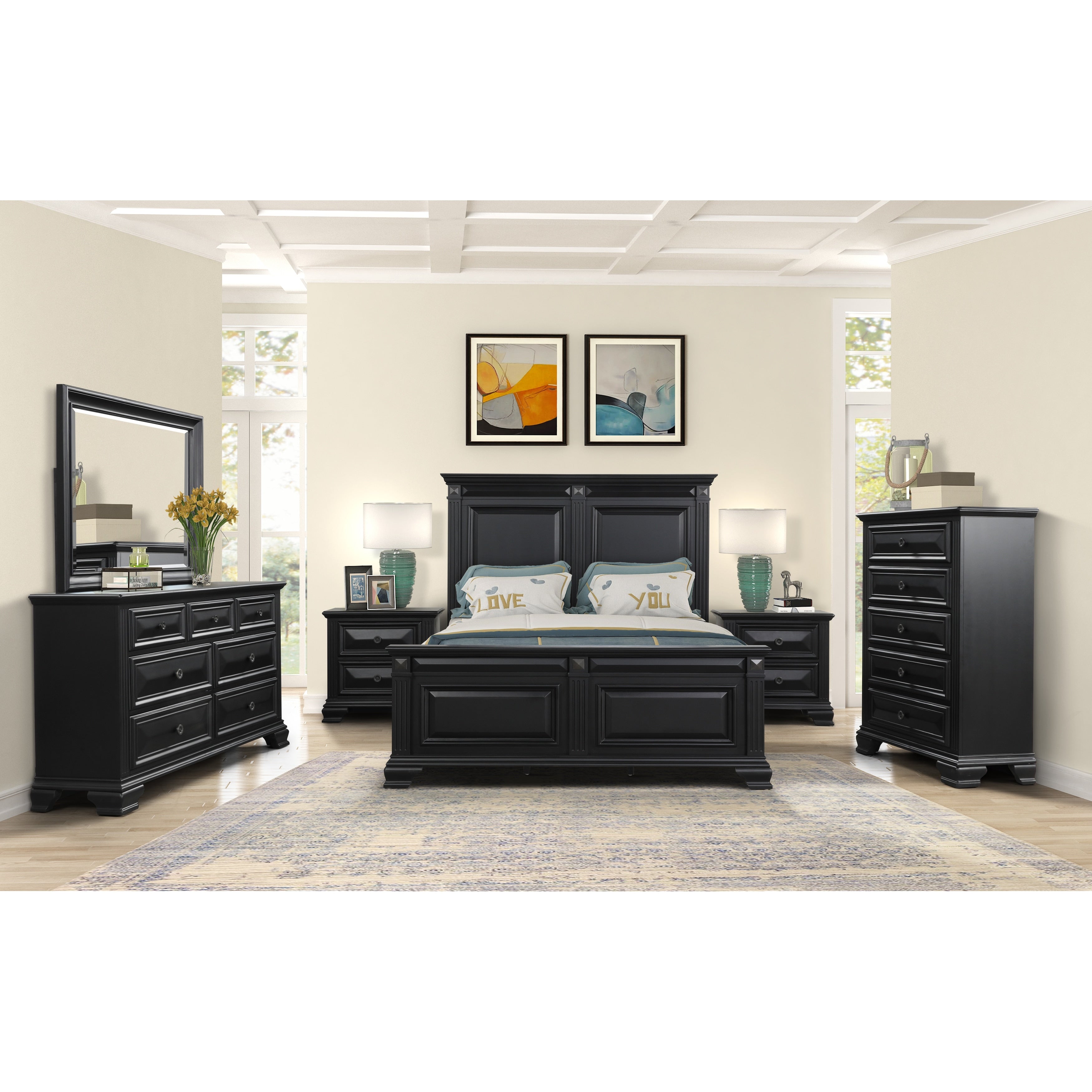 Renova Vintage Black Wood Bedroom Set With Panel Bed Dresser Mirror Two Nightstands Chest