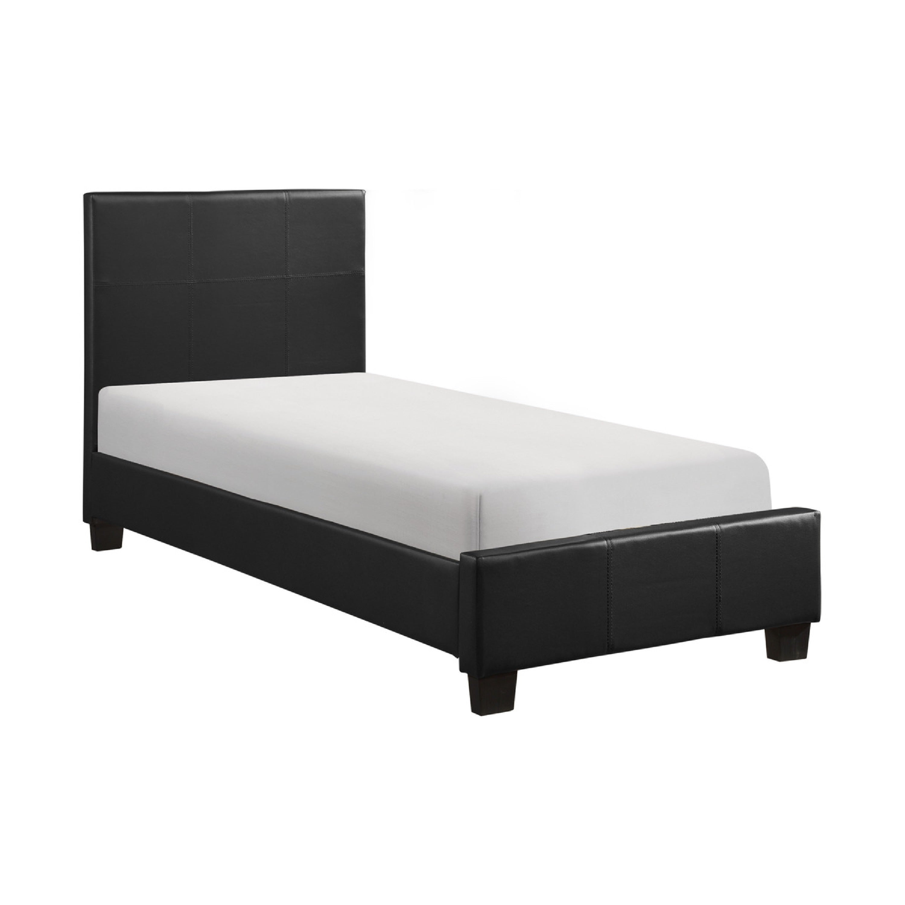 Renz Twin Size Bed With Modern Block Panel Black Faux Leather Upholstery