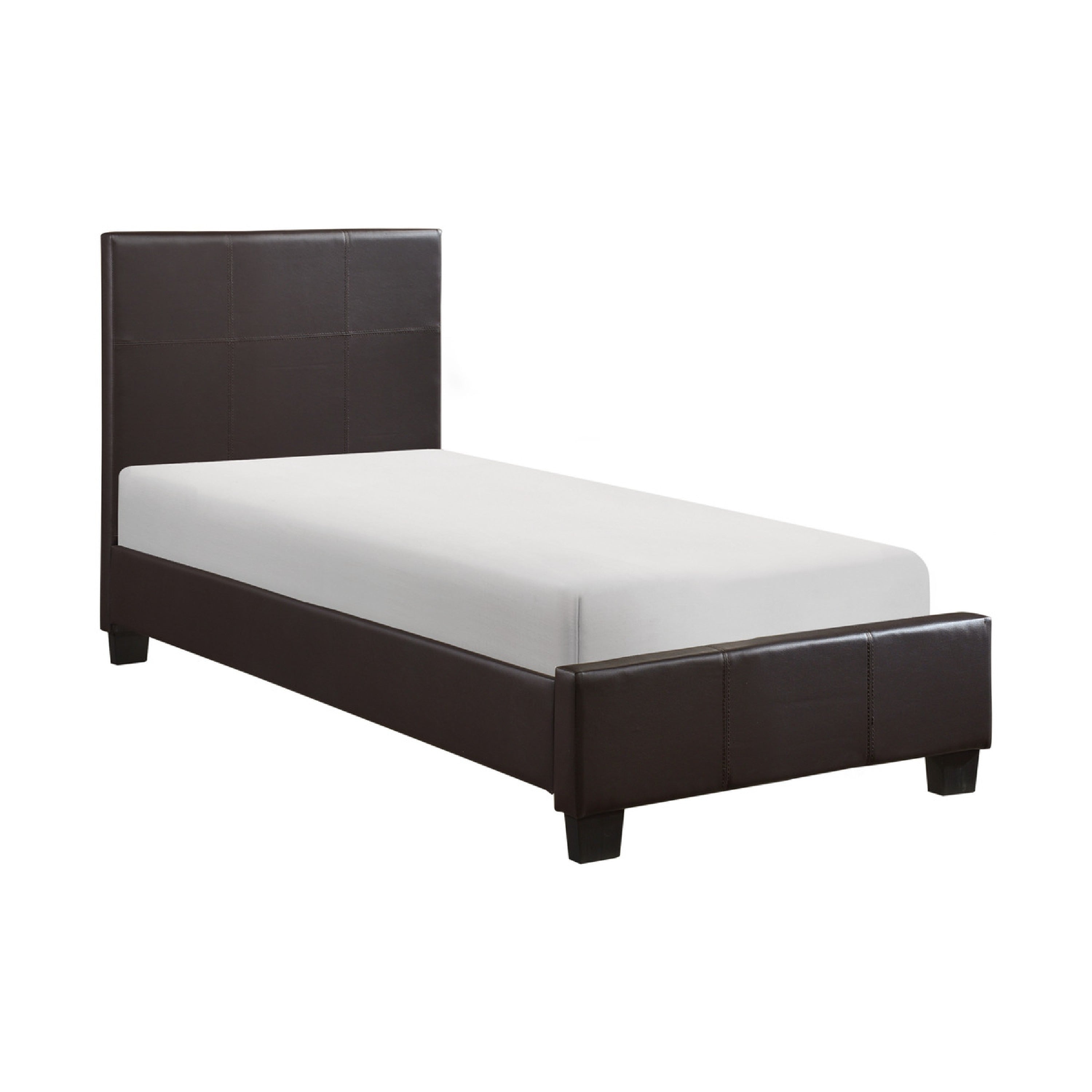 Renz Twin Size Bed Modern Block Panel Dark Brown Faux Leather Upholstery