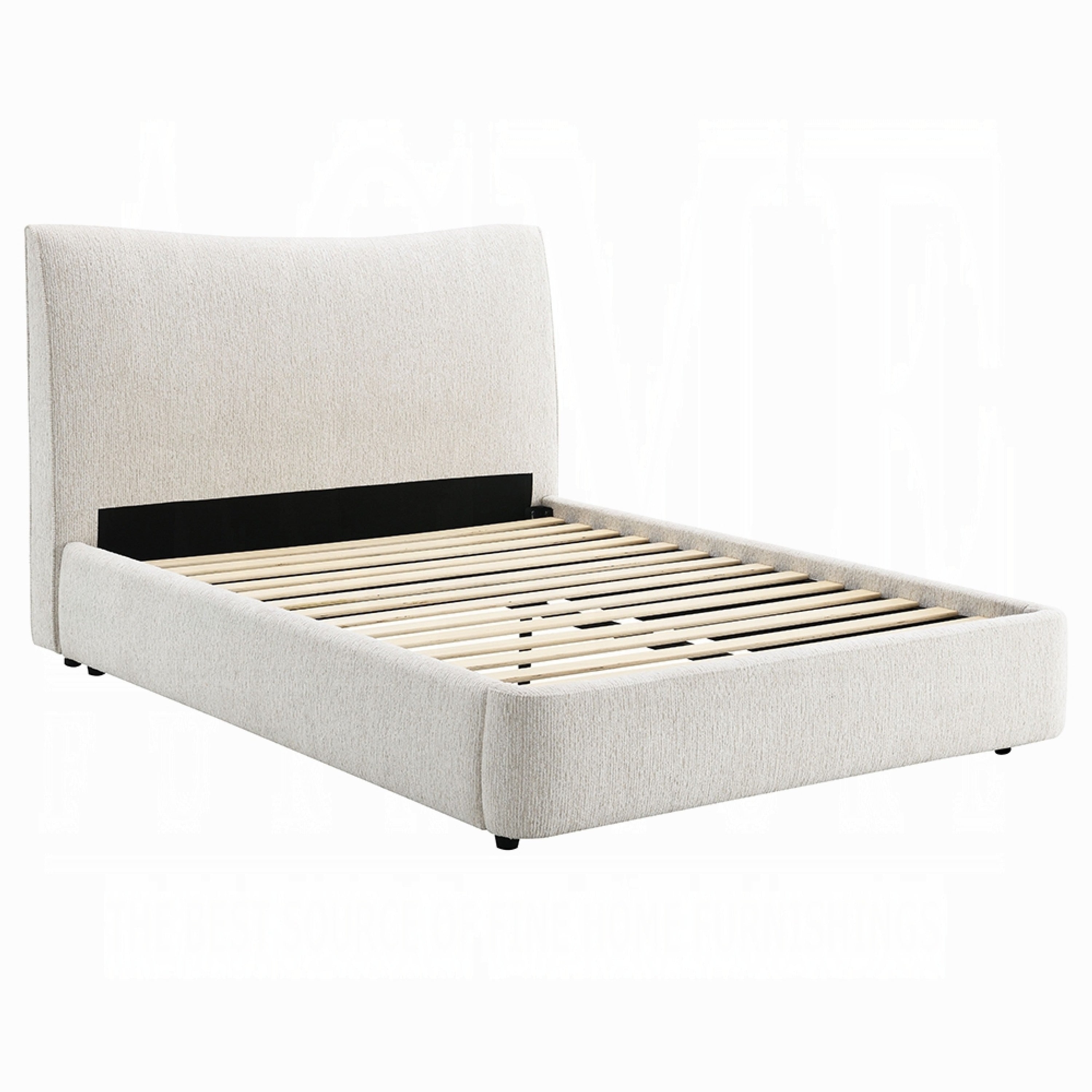 Rery Queen Size Bed Beige Chenille Padded Upholstery Low Profile Platform
