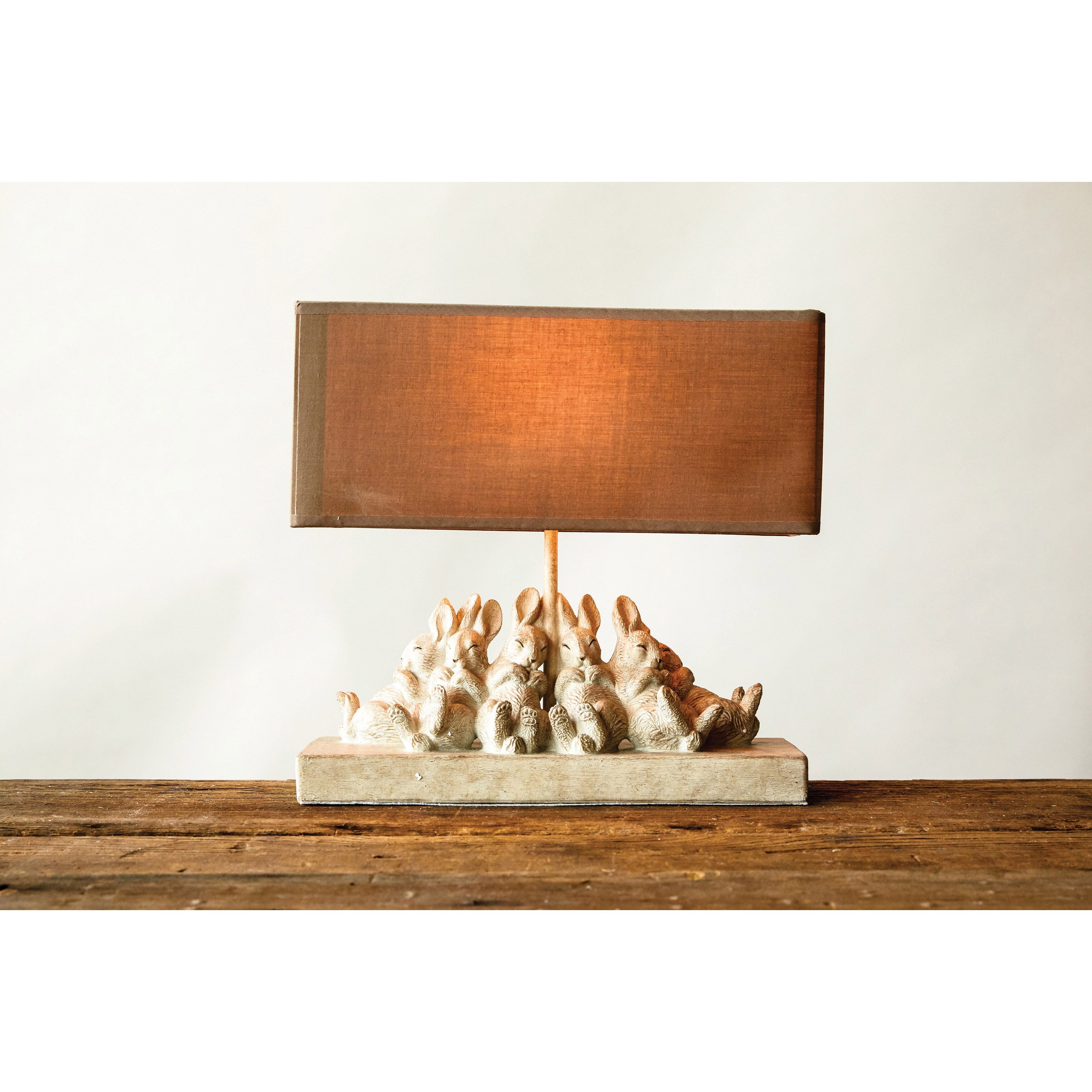 Resin Bunny Table Lamp With Rectangle Sand Color Linen Shade